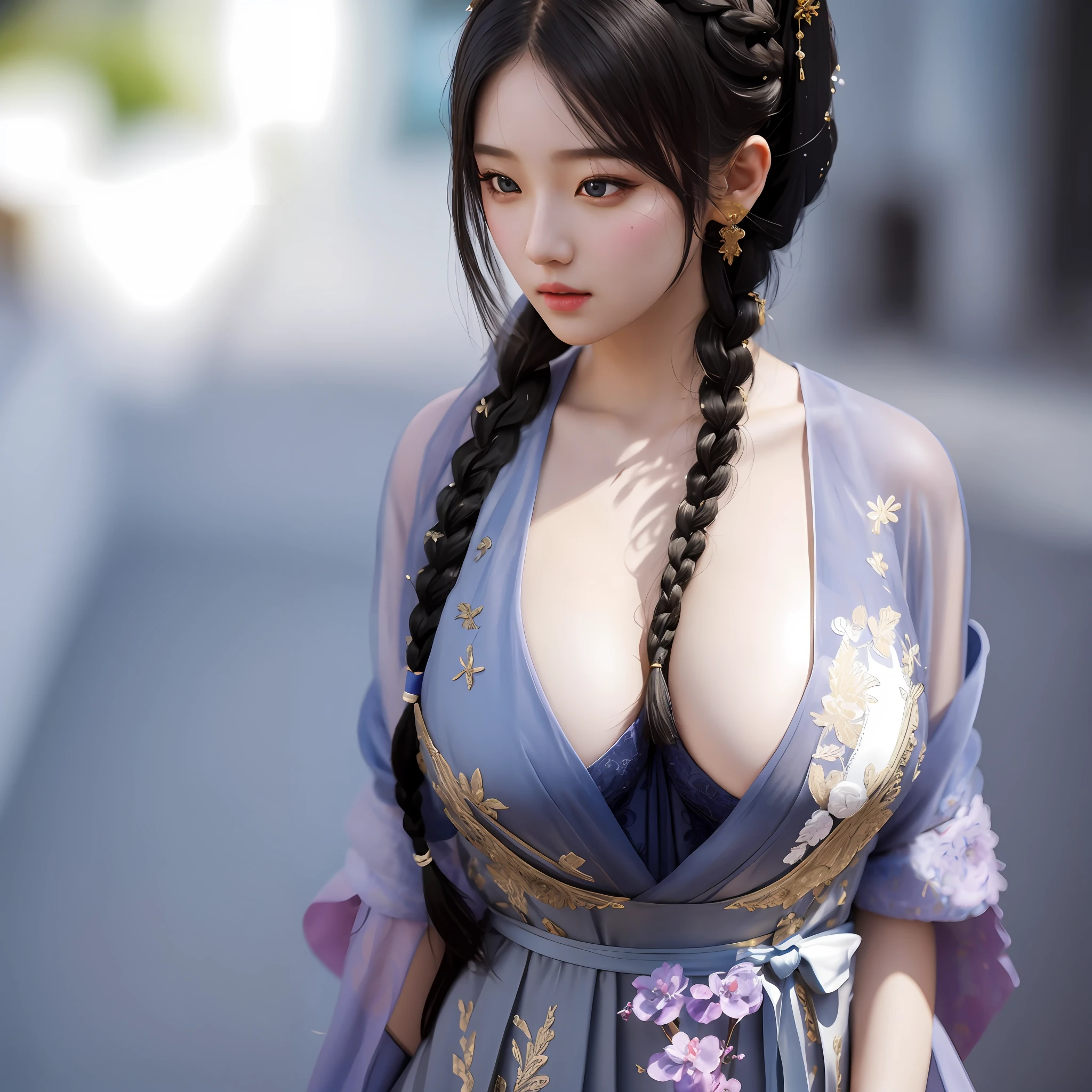 An Idol k-pop girl, cute girl, sexy girl, white braid hair, intricate face details, detailed face, golden ratio face, big breast, big butt, big hip, big thighs, full body, 64K, UHD, HDR, high quality, high detailed, hyper detailed, extremely detailed, photo realistic, ultra realistic, art photo, clarify the details, detailed parts body, intricate artwork masterpiece, trending on artstation