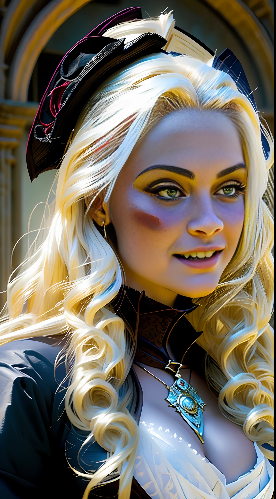Beautiful vampire woman with big fangs. Big breasts. Long blond hair. Dressed in dress of the French royalty of the eighteenth century. Hyper-detailed, very intricate, 8k. Photorealistic --auto --s2