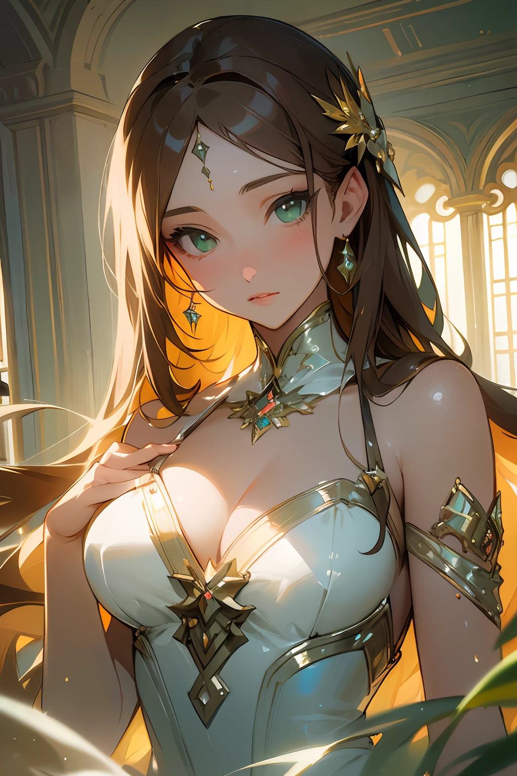 Masterpiece, artwork, amazing work, best quality, best lighting, best artist, best illustrator, artwork, best graphic quality, a beautiful girl, long long straight brown hair, beautiful bright green eyes sparkling, shiny, white skin, clear, porcelain, amazing artistic scenery of a well-lit room, clear, cinematic lighting, amazing