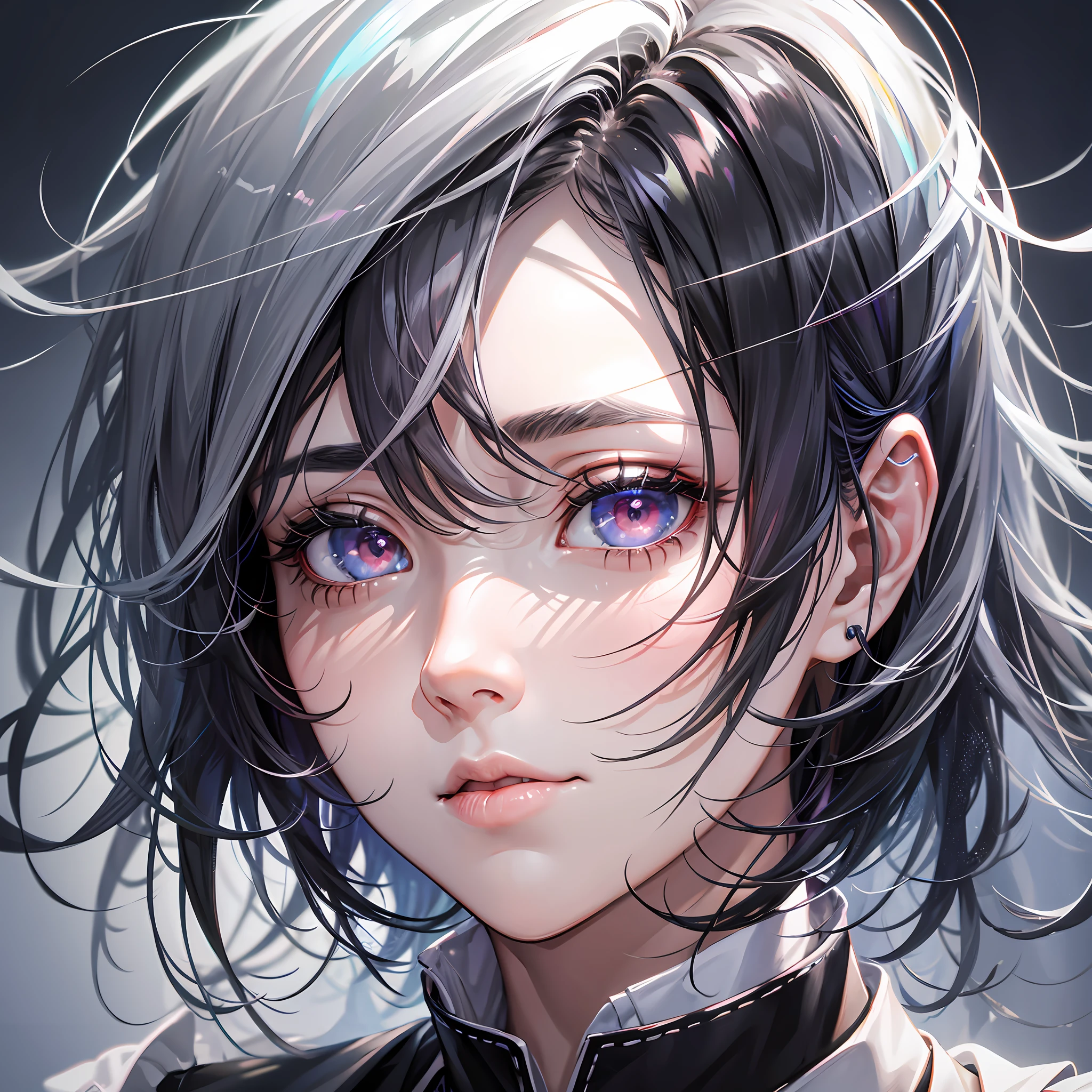 undercut, black hair, grey hair, black hair, black hair, black hair, grey hair, multicolored eyes, shaded, lonely, depressed, anime style, god rays, vignetting, speed lines, wide shot, Sony FE GM, anatomically correct, textured skin, ccurate, masterpiece, high quality, high details, super detail, award winning, best quality, highres, 4K --auto --s2