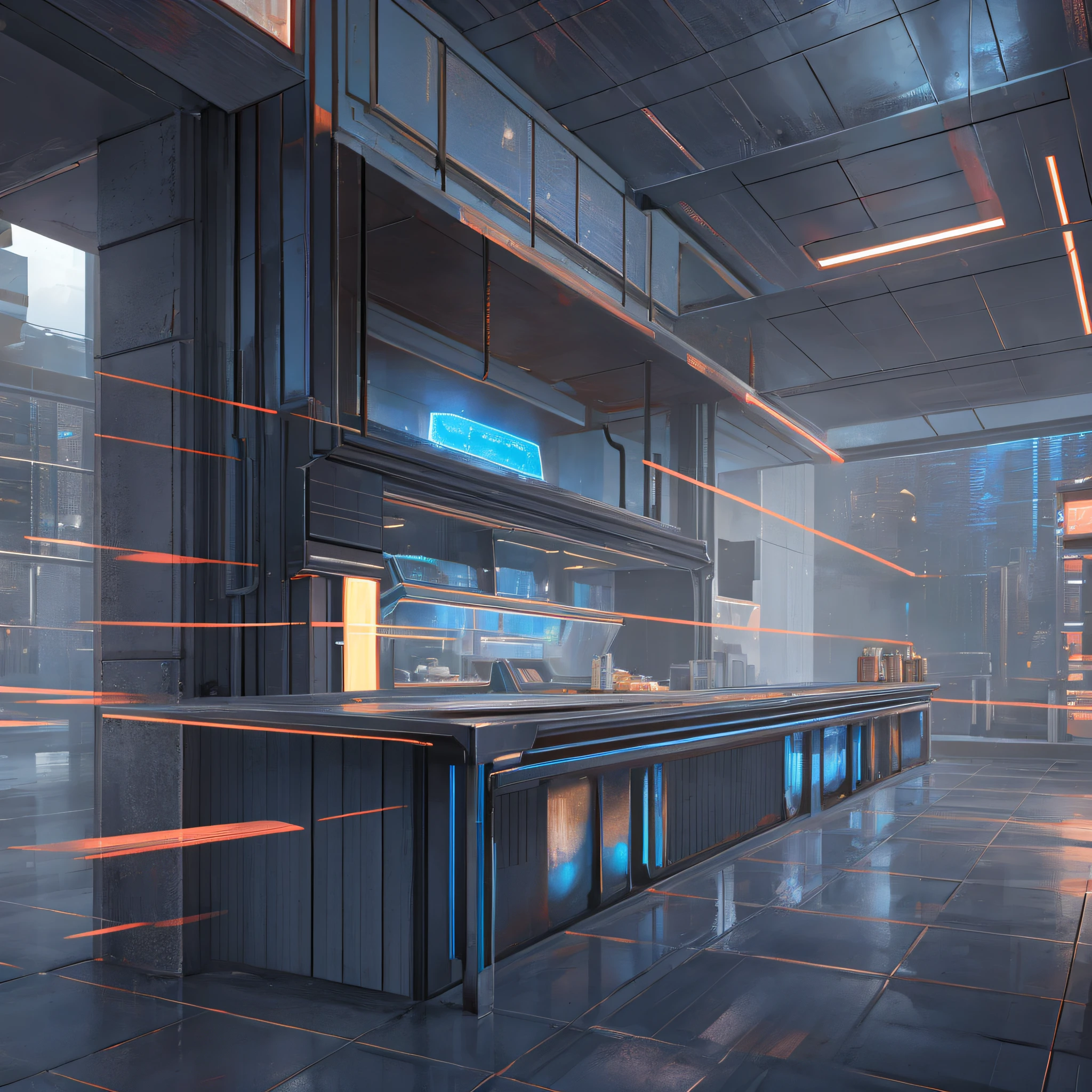 Hyperrealistic full bar environment scene, set in the year 2137, no people in the scene, only architecture of the time, future