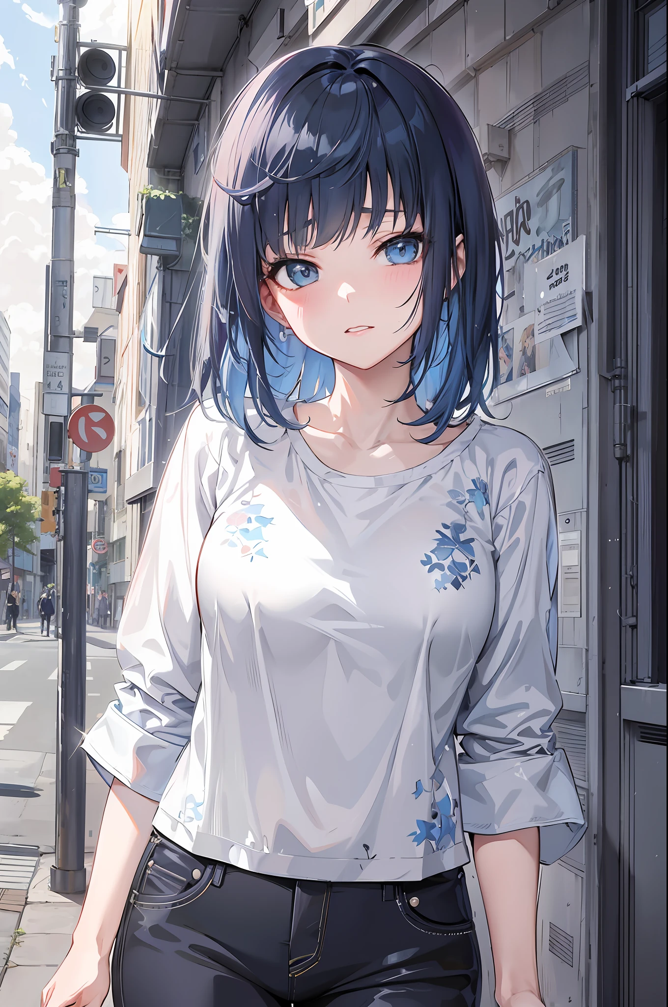 anime girl with blue hair and black pants walking down a street, anime style 4 k, anime style. 8k, anime art wallpaper 8 k, portrait anime girl, anime moe artstyle, portrait of an anime girl, 4k anime wallpaper, beautiful anime portrait, beautiful anime girl, anime art wallpaper 4 k, anime art wallpaper 4k, anime wallpaper 4k