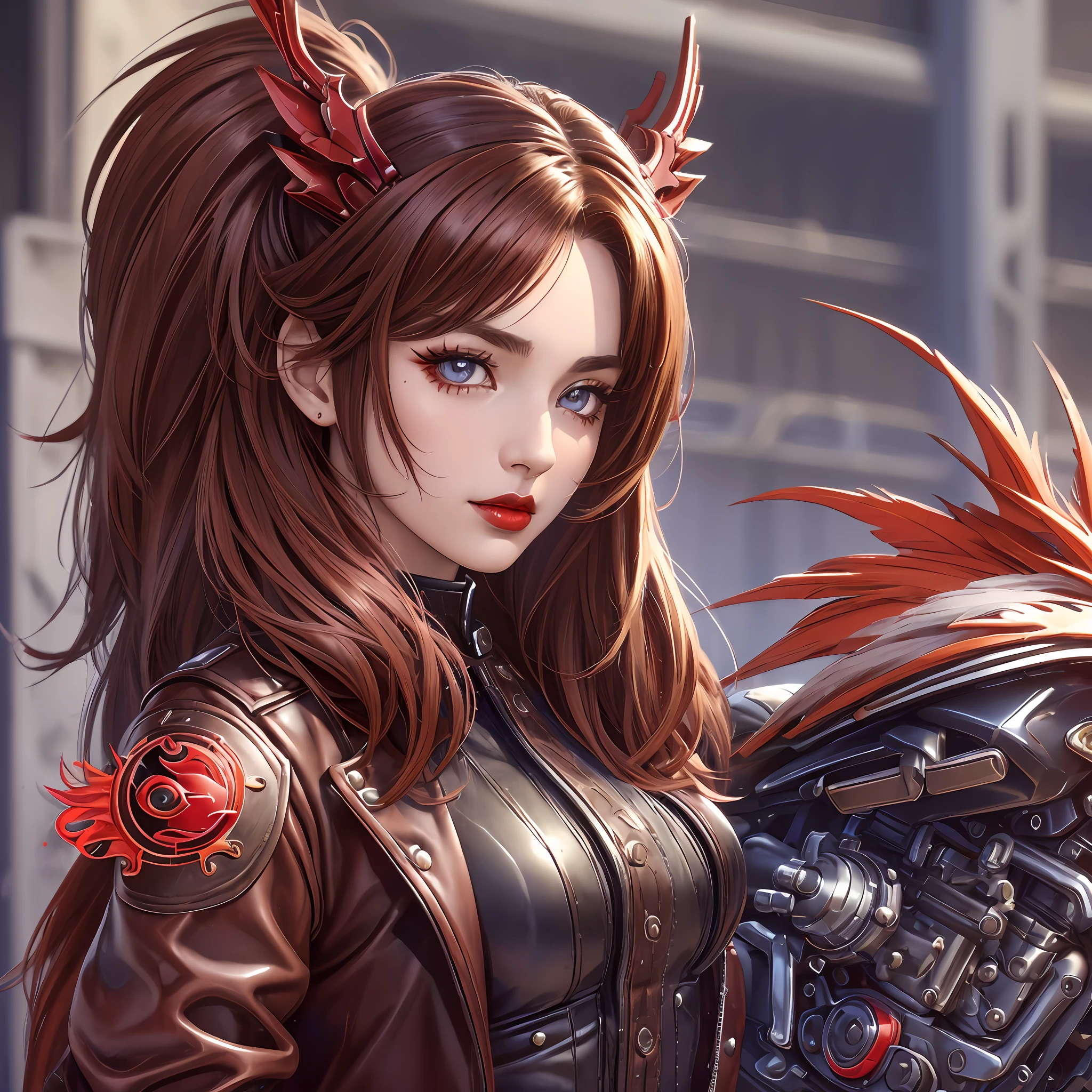 1 girl, red dragon girl, feathered headdress, red motorcycle, red dragon tail, mature girl, ((dark browneyes)), ((full lips)), (high detailed), beautiful, red leather jacket, amazing, high detailed eyes, high detailed face, perfect hands, masterpiece, best quality, looking at viewer, detailed eyes, koraidon --auto --s2