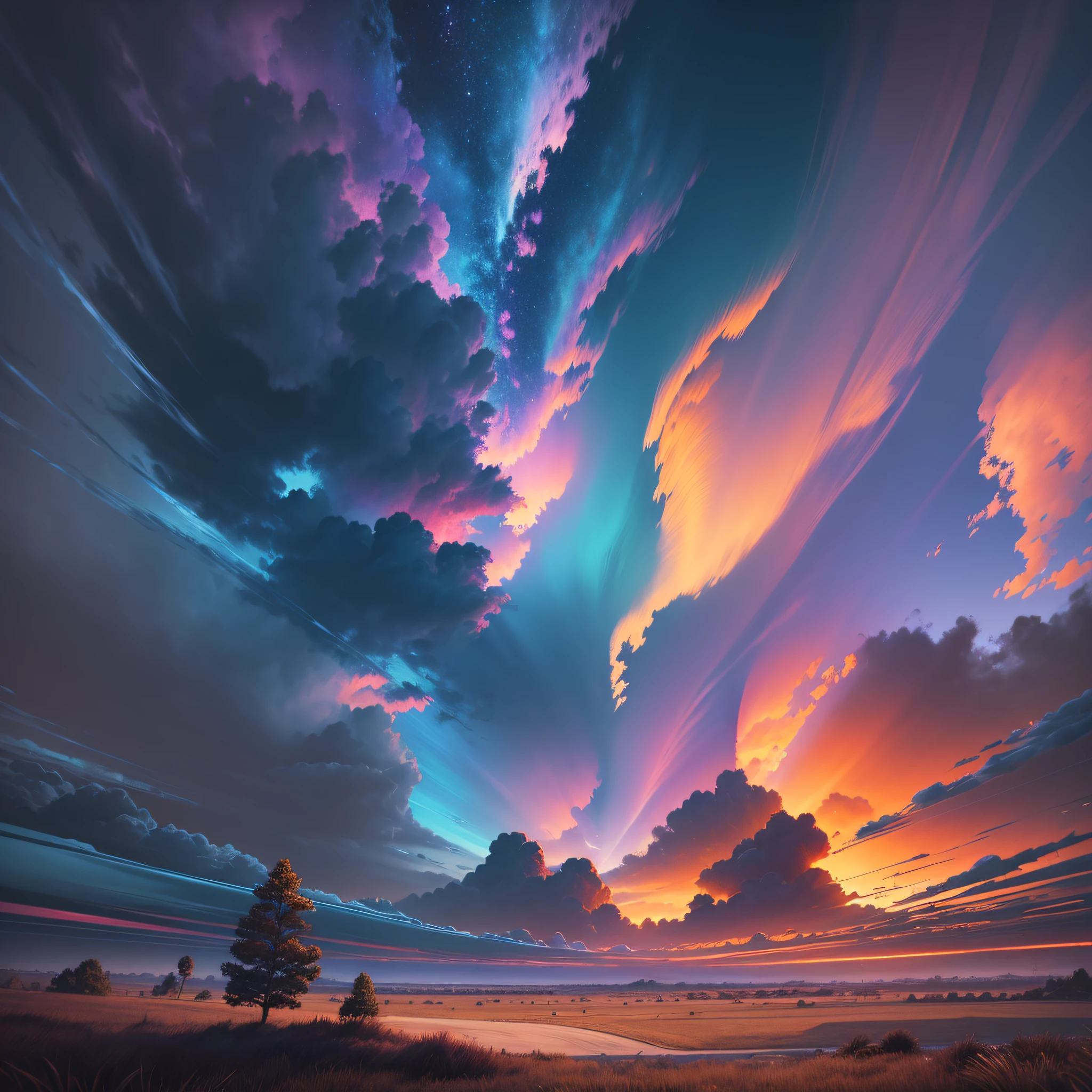 Vibrant colored sky, hyper-detailed technical precision, light, dark, wind breeze appearances, light rays, high resolution, high details, detailed colors, realistic and natural, HDR, scene art, realistic surrealism, detailed textures, high quality, lsd , dmt, 8k --auto --s2