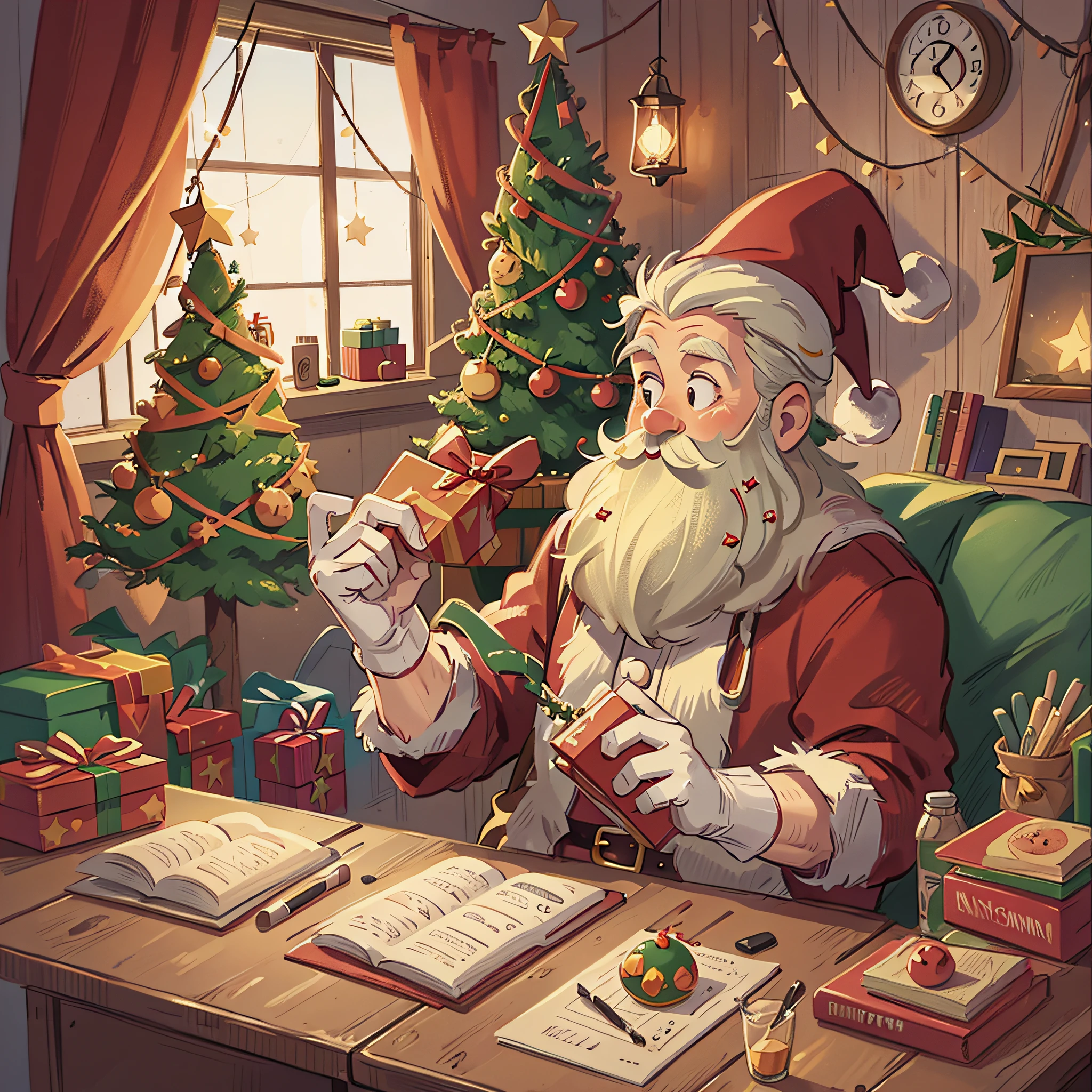 A Santa Claus who is giving presents, night, cartoon illustration style, vintage tones, Christmas tree