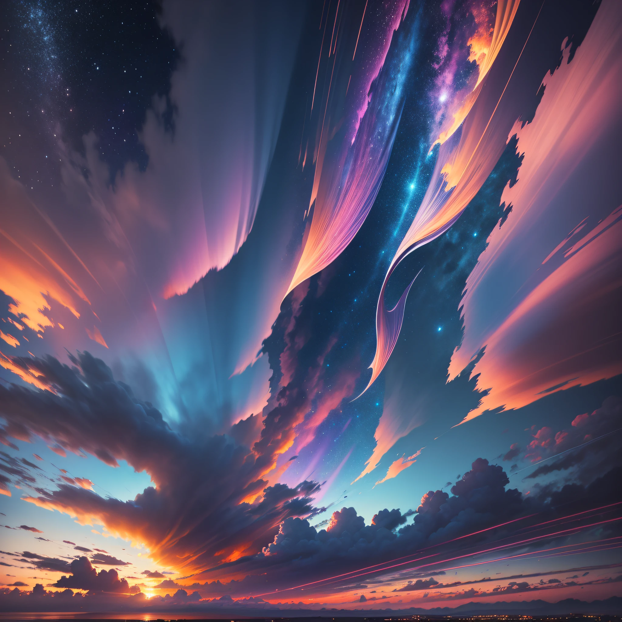 Vibrant colored sky, hyper-detailed technical precision, light, dark, wind breeze appearances, light rays, high resolution, high details, detailed colors, realistic and natural, HDR, scene art, realistic surrealism, detailed textures, high quality, lsd , dmt, 8k --auto --s2