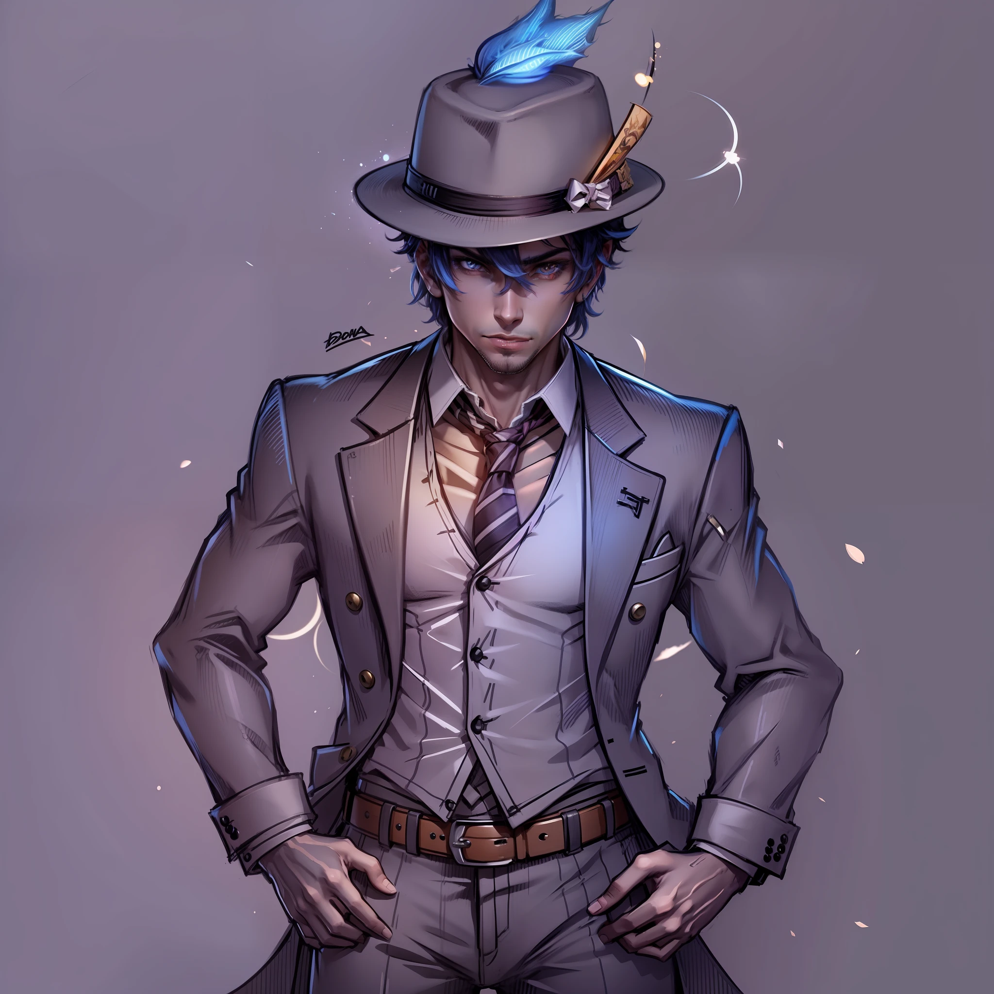 (character male with hat fedora with a confident expression and stylish appearance)