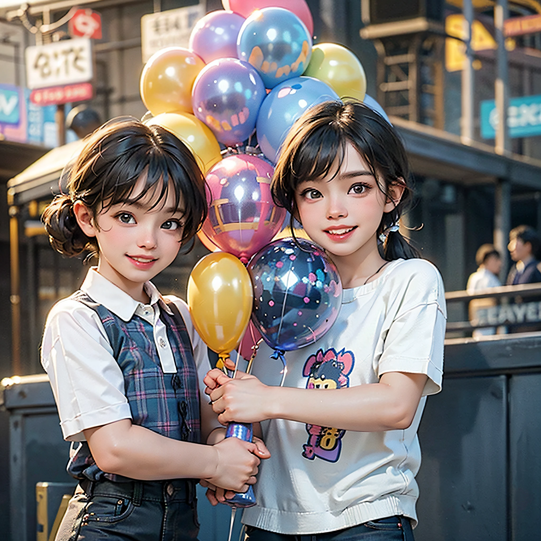 Two boys, amusement park, holding balloons, happy, happy, perfect quality, clear focus (clutter - home: 0.8), (masterpiece: 1.2) (Realistic: 1.2) (Bokeh) (Best quality) (Detailed skin: 1.3) (Intricate details) (8K) (Detail Eyes) (Sharp Focus), (Happy) --auto --s2