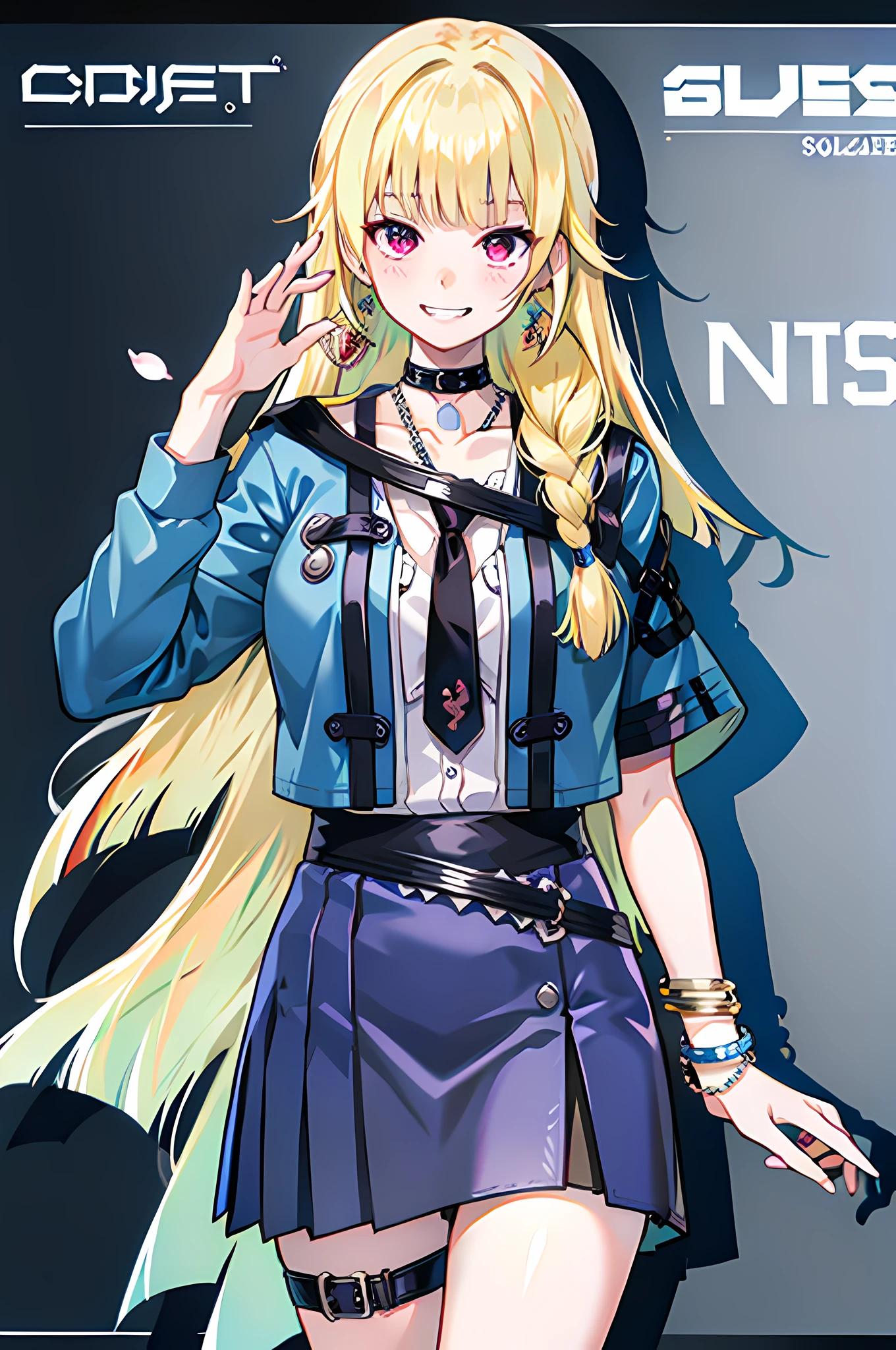 masterpiece, best quality, full body, 1girl, bangs, black choker, black necktie, blonde hair, blue skirt, blush, bracelet, breasts, choker, clothes around waist, collarbone, collared shirt, cowboy shot, dress shirt, ear piercing, eyebrows visible through hair, gradient hair, grin, gyaru, jewelry, kogal, long hair, looking at viewer, loose necktie, necktie, piercing, plaid, plaid skirt, pleated skirt, red eyes, ring, school uniform, shirt, skirt, smile, solo, white shirt, street, sky, cherry blossoms, petals,illustration, (magazine:1.3), (cover-style:1.3), fashionable, woman, vibrant, outfit, posing, front, colorful, dynamic, background, elements, confident, expression, holding, statement, accessory, majestic, coiled, around, touch, scene, text, cover, bold, attention-grabbing, title, stylish, font, catchy, headline, larger, striking, modern, trendy, focus, fashion,