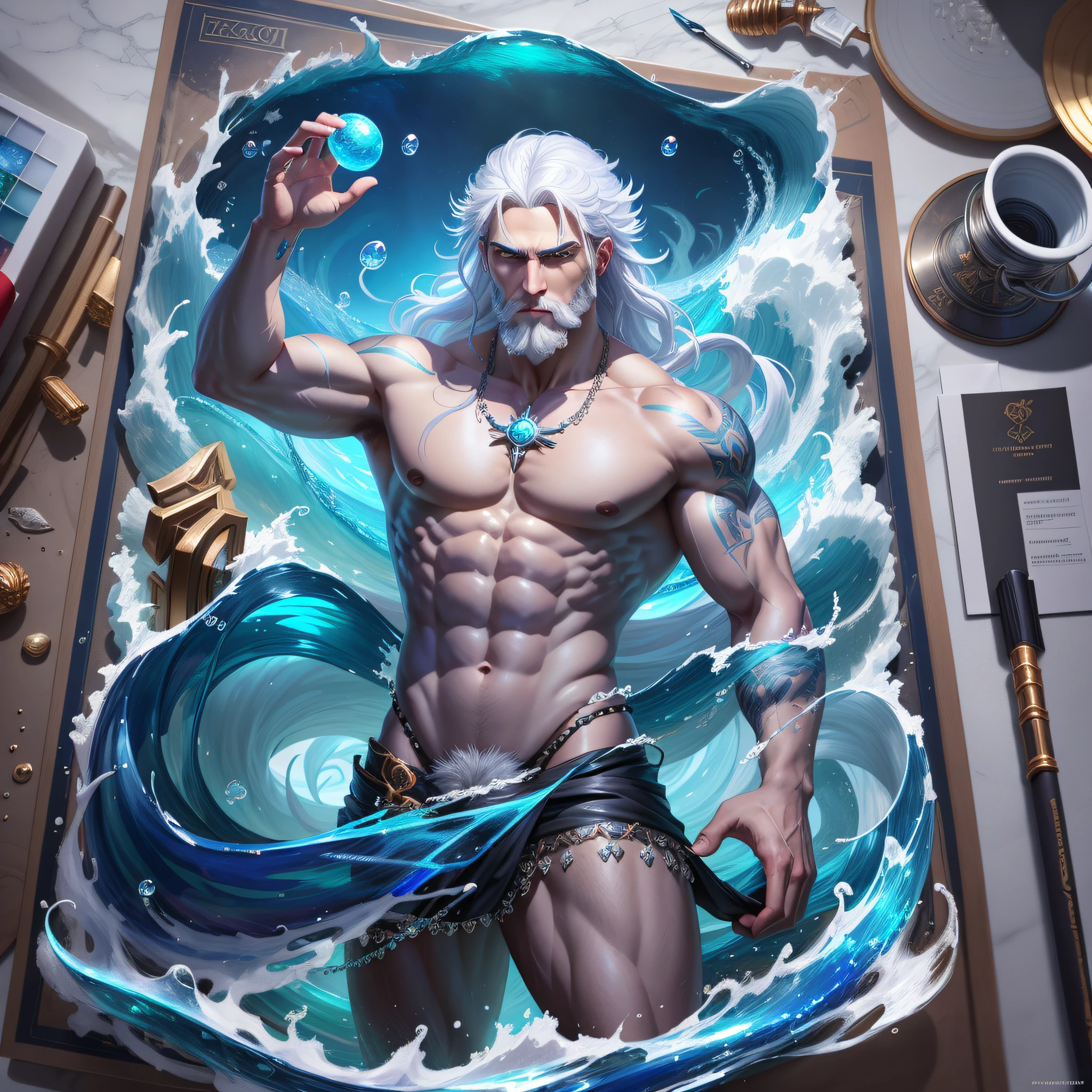 There is a man with white hair and a beard, God of the Ocean, The God of the Sea, the God Poseidon, Extremely detailed Artgerm, Artgerm at ArtStation Pixiv, complete art, Casimir art, detailed digital anime art, trend at ArtStation Pixiv, Iconic Character Splash Art, Sylas