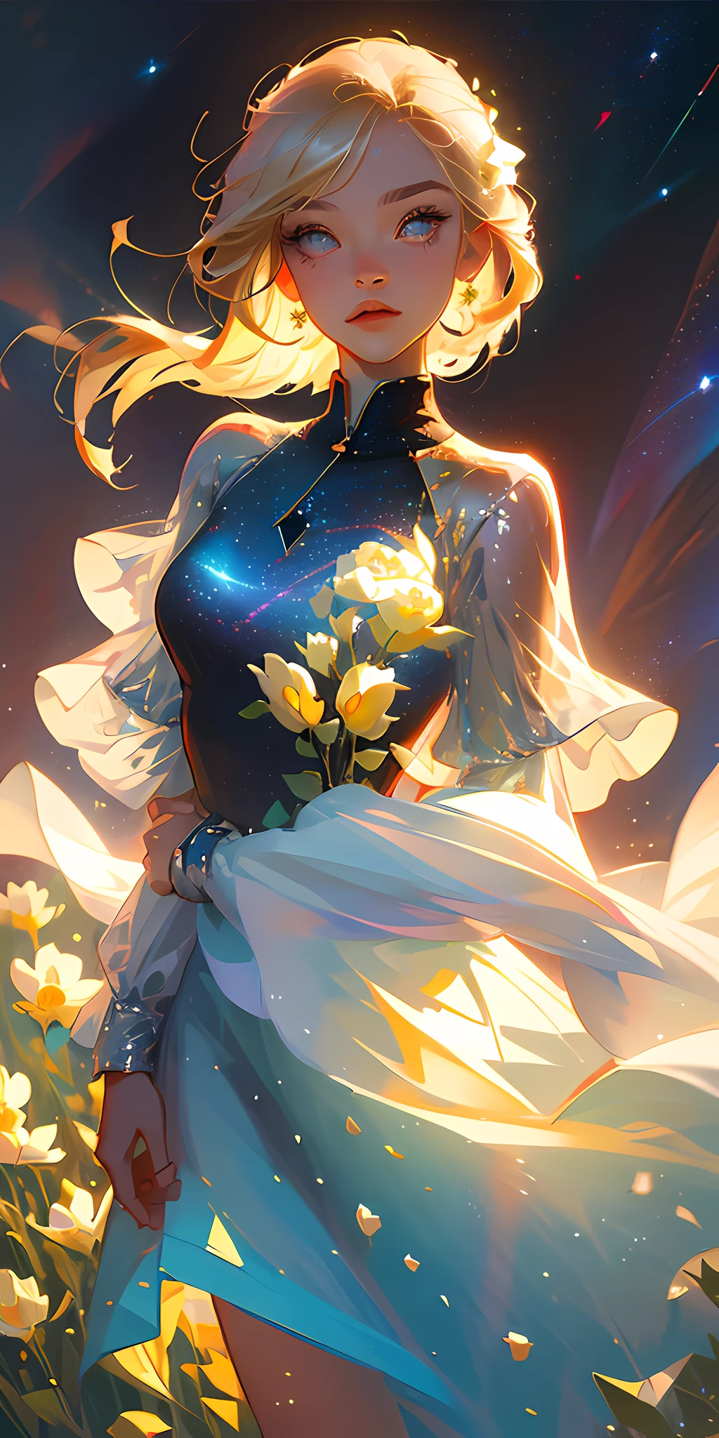 (best quality, masterpiece), 1girl, pose, particle, wind, flower, upper body, simple background, looking at viewer, blonde, galaxy,