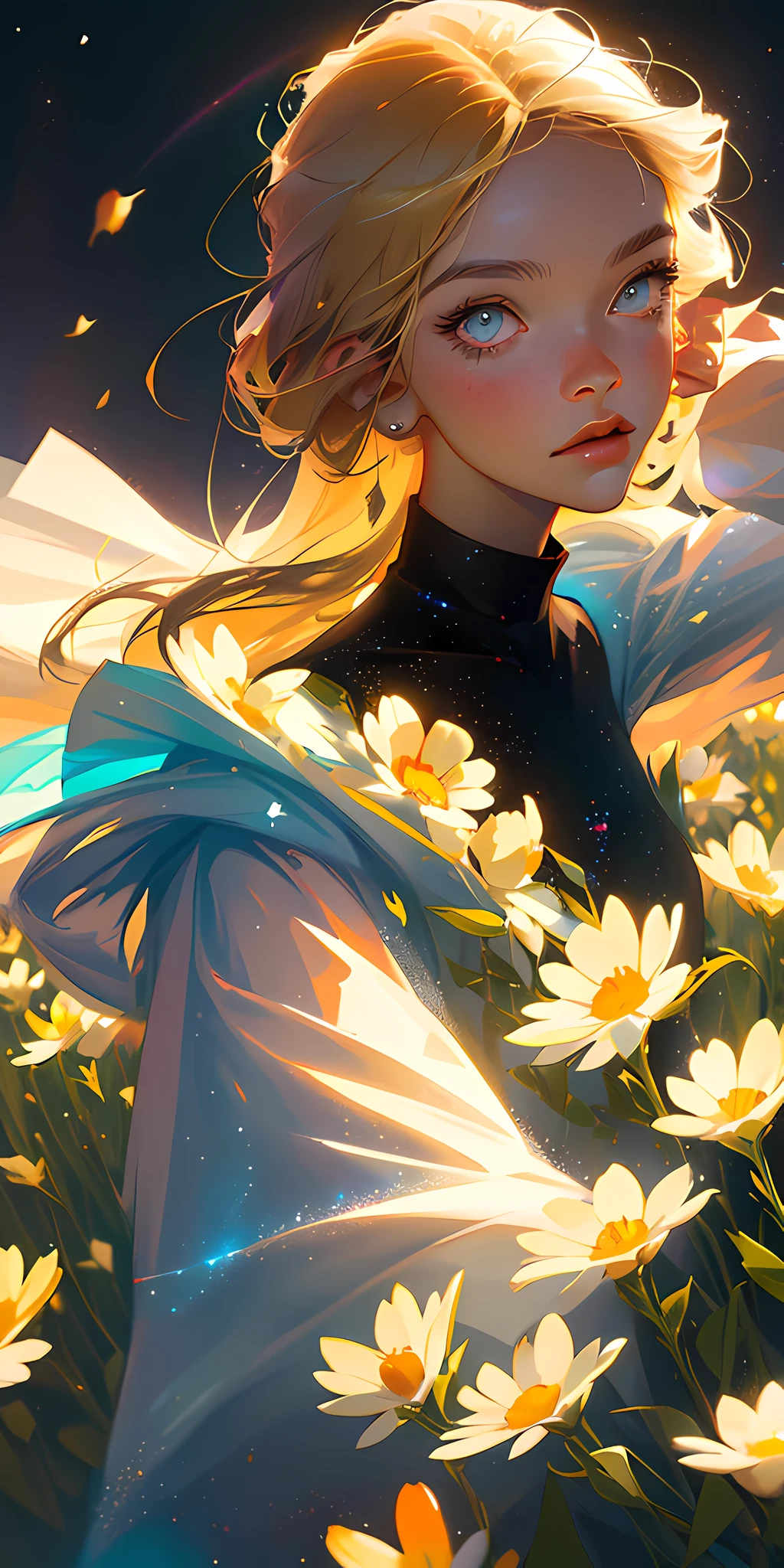 (best quality, masterpiece), 1girl, pose, particle, wind, flower, upper body, simple background, looking at viewer, blonde, galaxy,