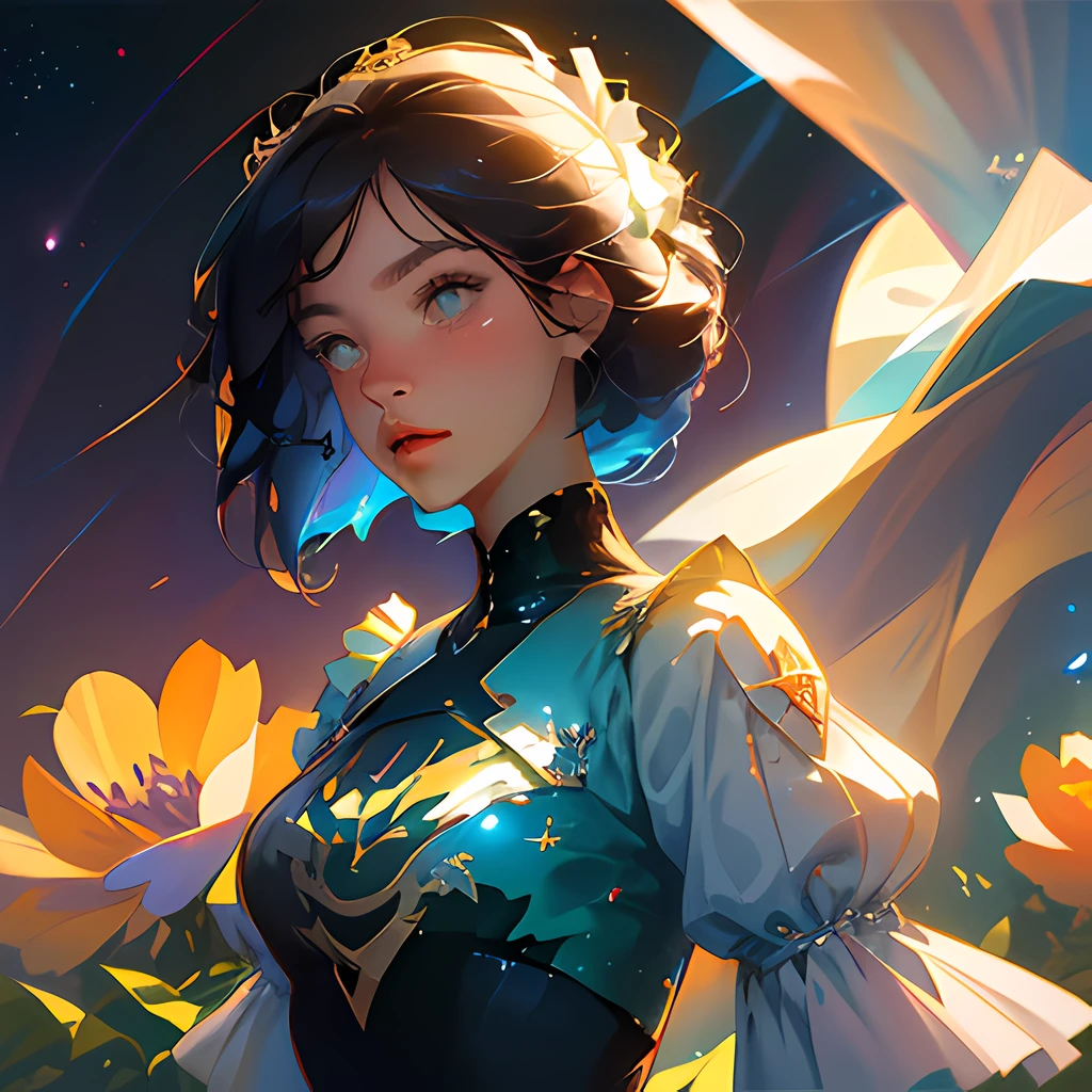 (Best Quality, Masterpiece), 1girl, Pose, Particle, Wind, Flower, Upper Body, Simple Background, Looking at the Viewer, Cat, Milky Way,