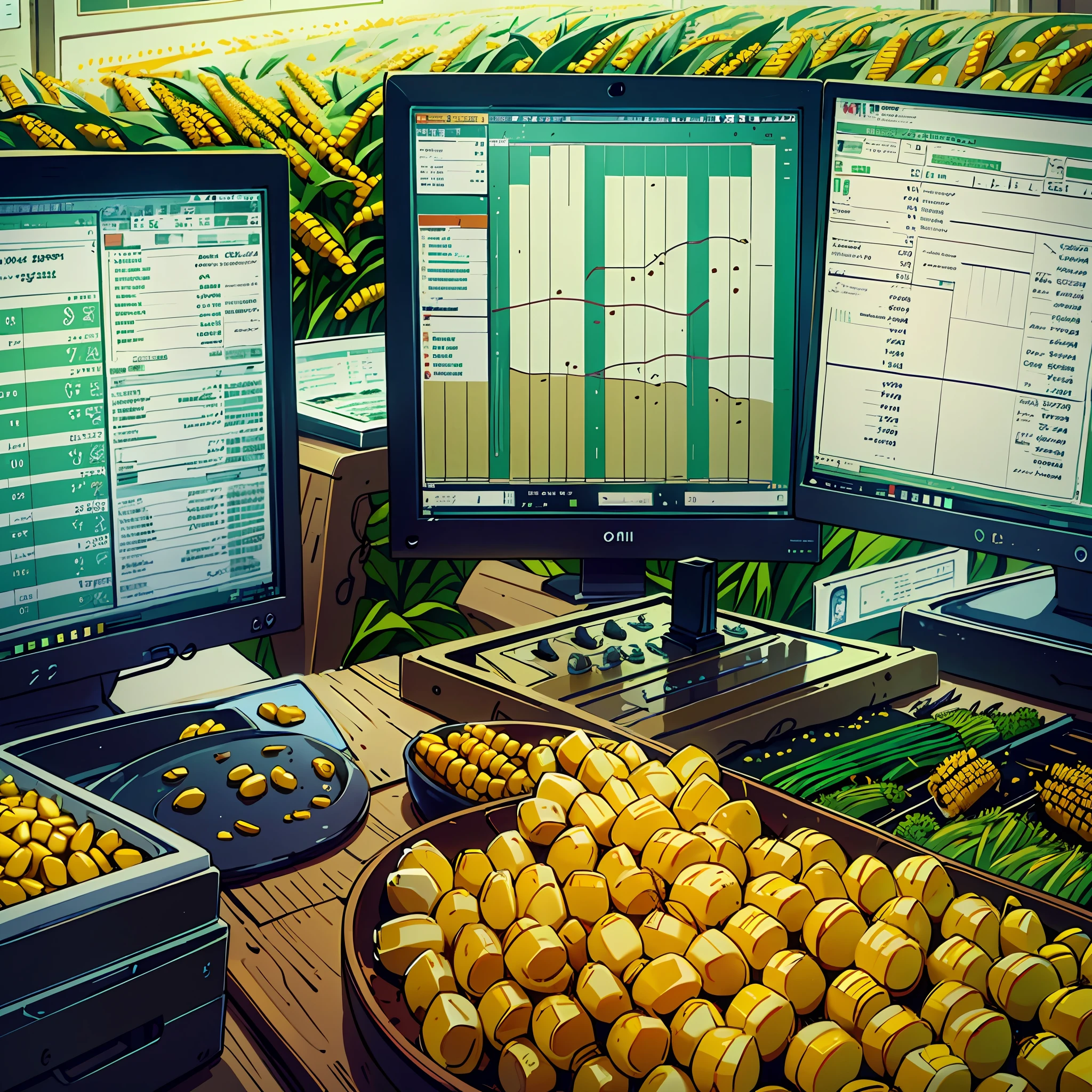 Create an image in which two monitors are in the foreground, one displaying the graphical analysis of the commodity market and the other displaying a price table, while in front of the screens there is an ear of corn and a soybean foot, creating a visual connection between the graphical analysis and agricultural production. --auto --s2
