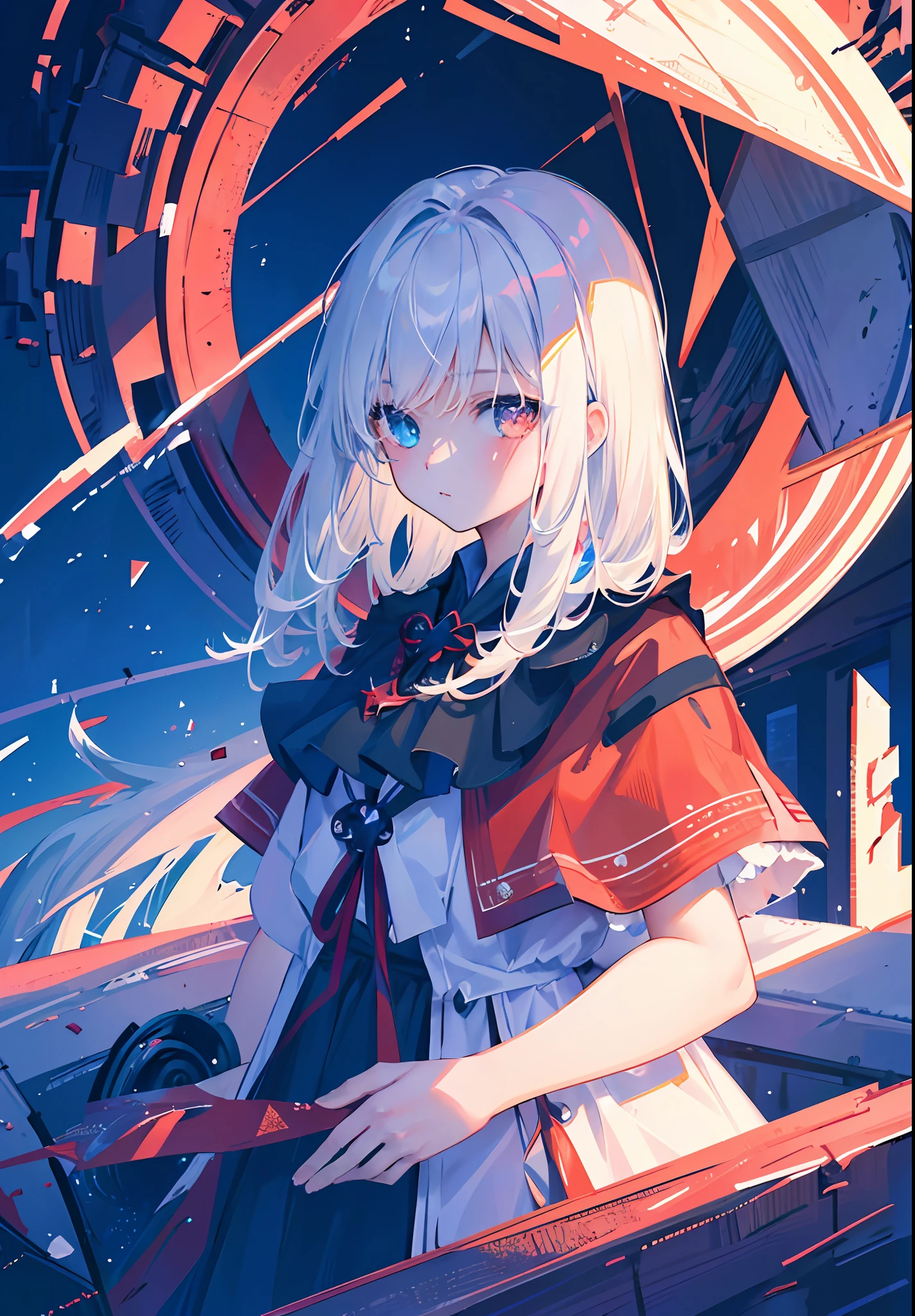 ((masterpiece)), ((ultra-detailed)), pixiv, best shadows, best lighting, best quality, cinematic shot, rim lightning, solo, abstract, 1girl, looking at viewer, black background, pentagram, bangs, blue eyes, white hair, portrait, heterochromia, hexagram, red eyes