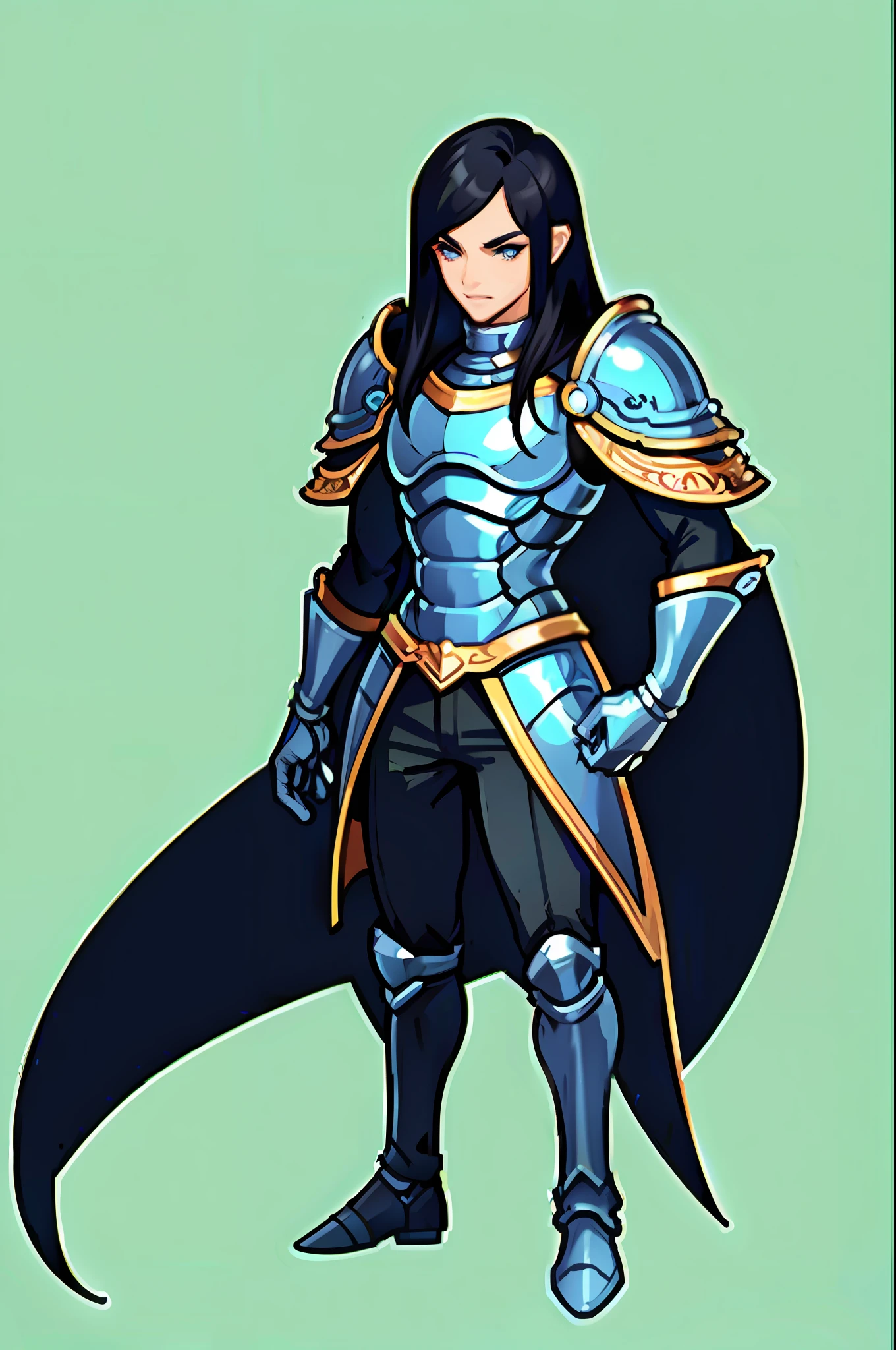 (masterpiece, top quality, best quality), pixel, pixel art, 1 man, full body, long and voluminous black hair, long black hair, man, medieval armor with blue, dnd rpg,