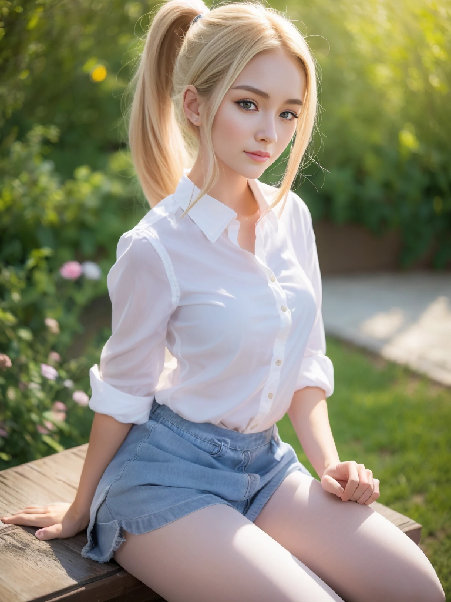 Realistic, Photorealistic: 1.37, Masterpiece, Colorful, Fine Detail, Big, Beautiful Skin, Fair Skin, One Woman, (20 Years Old Beautiful Korean Woman: 1.1), (KPOP Idol, Mixed), (Caucasian and Mixed), Western Face, Ultra High Definition, (8k, RAW Photo, Best Quality, Masterpiece: 1.2), Rich Bust, Visible Nipples, Attractive Eyes, (50mm Sigma f/) Zeiss lens 1.4, f1.2, 1/800s, ISO 100, photo: 1.1), (ponytail + blonde: 1.2), (realistic: 1.4), bokeh, sharp, (photorealistic), live action photography, solo, top quality, very beautiful face, very beautiful eyes, beautiful detailed eyes, floating hair, (school uniform), sheer light blouse, very short miniskirt, pleated skirt, white panties, thin, super beautiful legs, tall, slim legs, (thigh gap), (model: 1.2), smile from the front: 1.1, dynamic pose, (makeup: 1.2), sitting