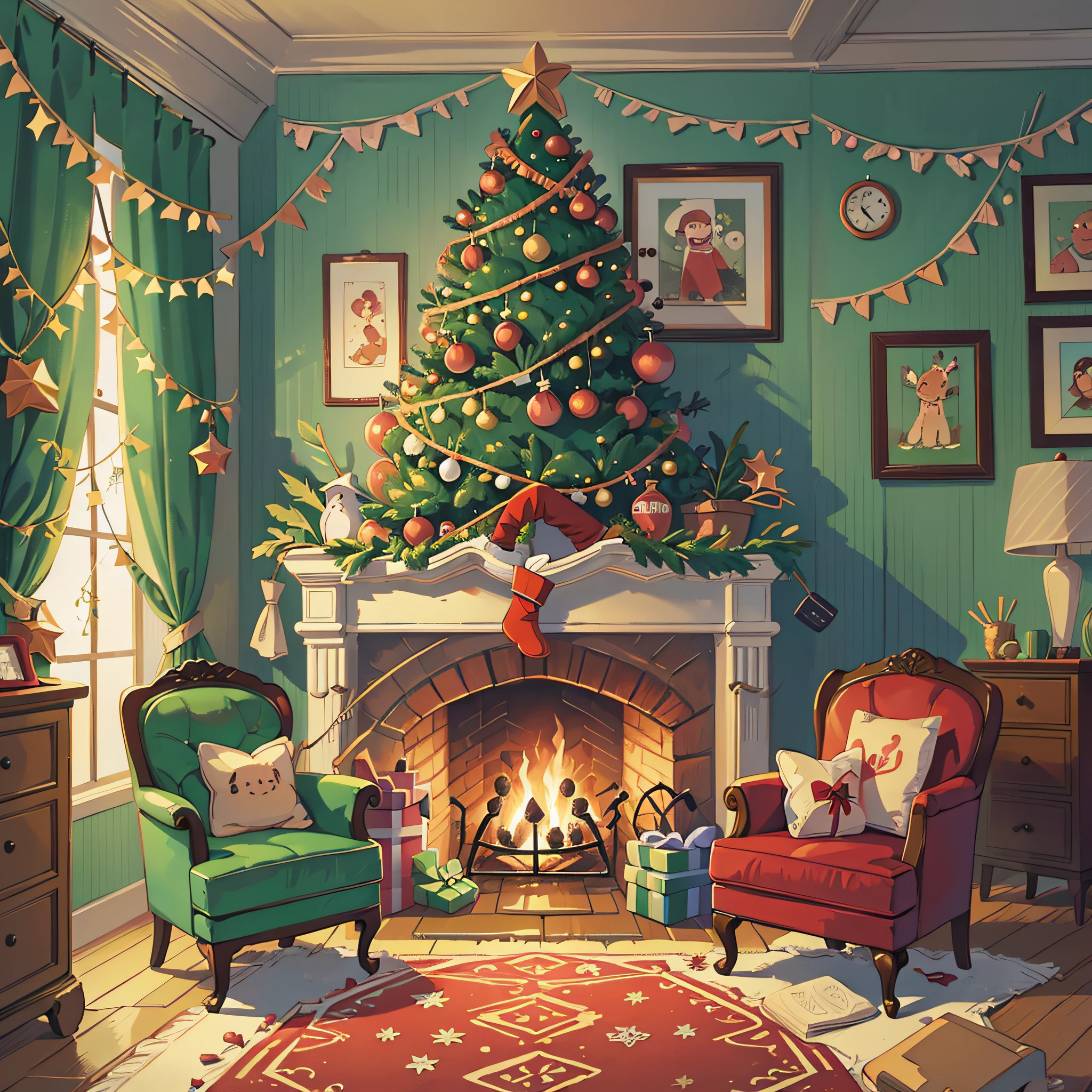 Christmas tree, present, fireplace, night, cartoon illustration style, vintage tone,