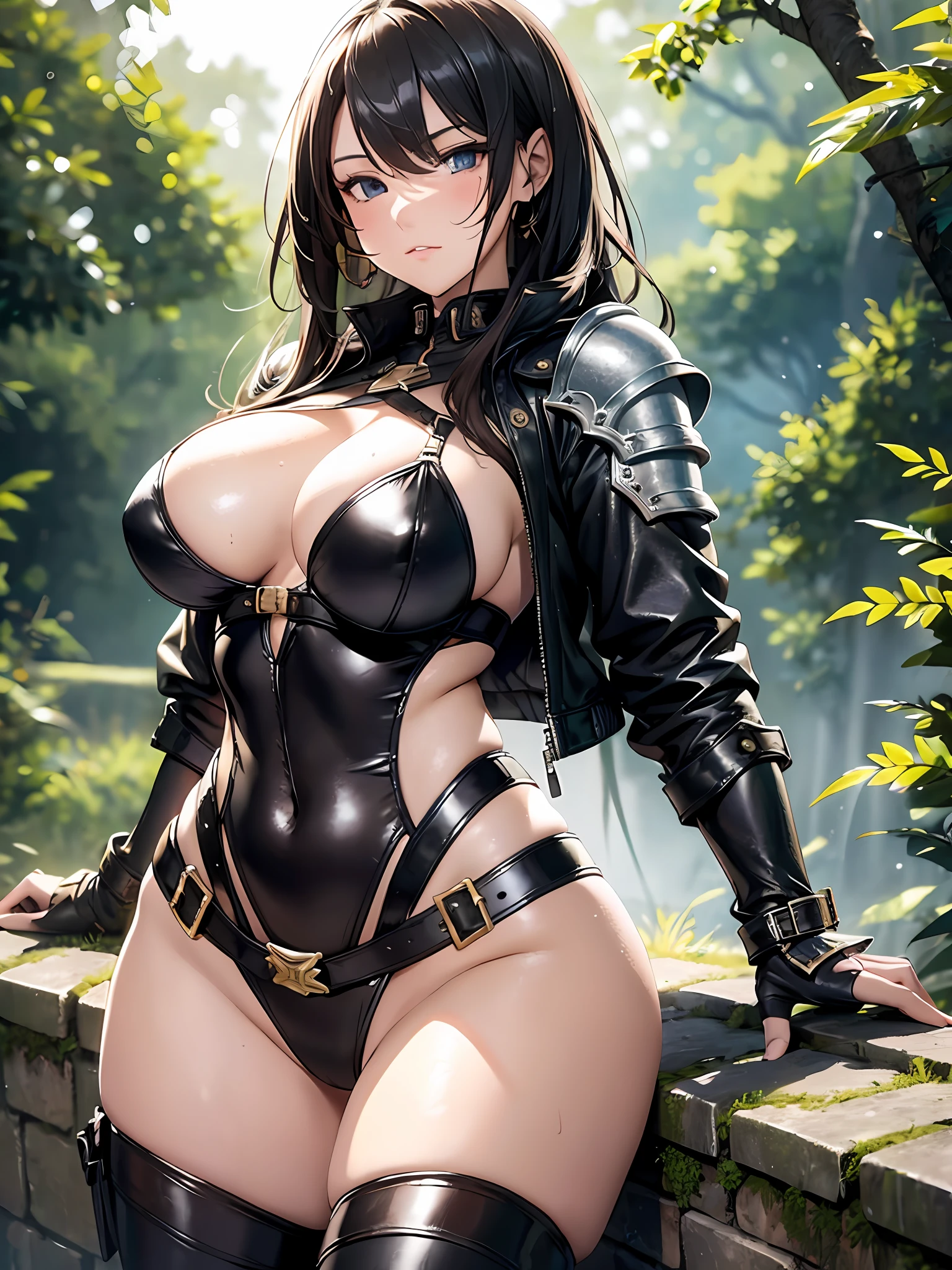 Masterpiece, detailed art of beautiful warrior girl, bikini armor, leather jacket, big tits, shiny skin, wet body, big tits, huge breasts with presence, blush, sweat, full body, sexy, provocative pose, high leg, high leg string, bare breasts, clothes dressed, boobs, side boobs, cleavage, cobblestone enemy hideout in the background, background blurred,