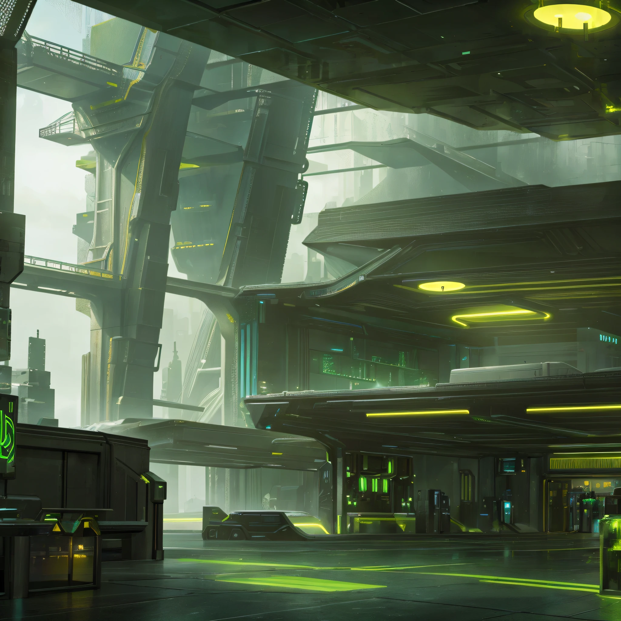 Hyperrealistic full bar environment scene, set in the year 2037, no people in the scene, only architecture of the time, green, future, another planet