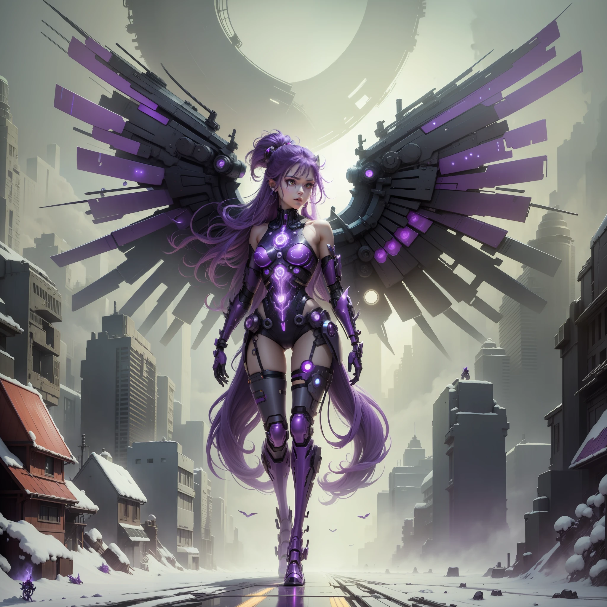 Twilight Sparkle, Twilight Sparkle Cyborg Girl, Twilight Sparkle from my little pony, bio organism, not human, mechanical parts, lush hair, long hair, Twilight Sparl hair, bionic body parts, missing skin, completely cyborg, cybernetic organism, mechanical arms, mechanical legs, mechanical purple wings, metal wings, wings glow purple, red glowing eye, full height, full body, very detailed,  Ultra 8k quality, broken parts, holes in mechanisms, no living organism, runes and purple magic, magic flies around, a lot of purple, purple backlight, spark earrings, a lot of magic, flies