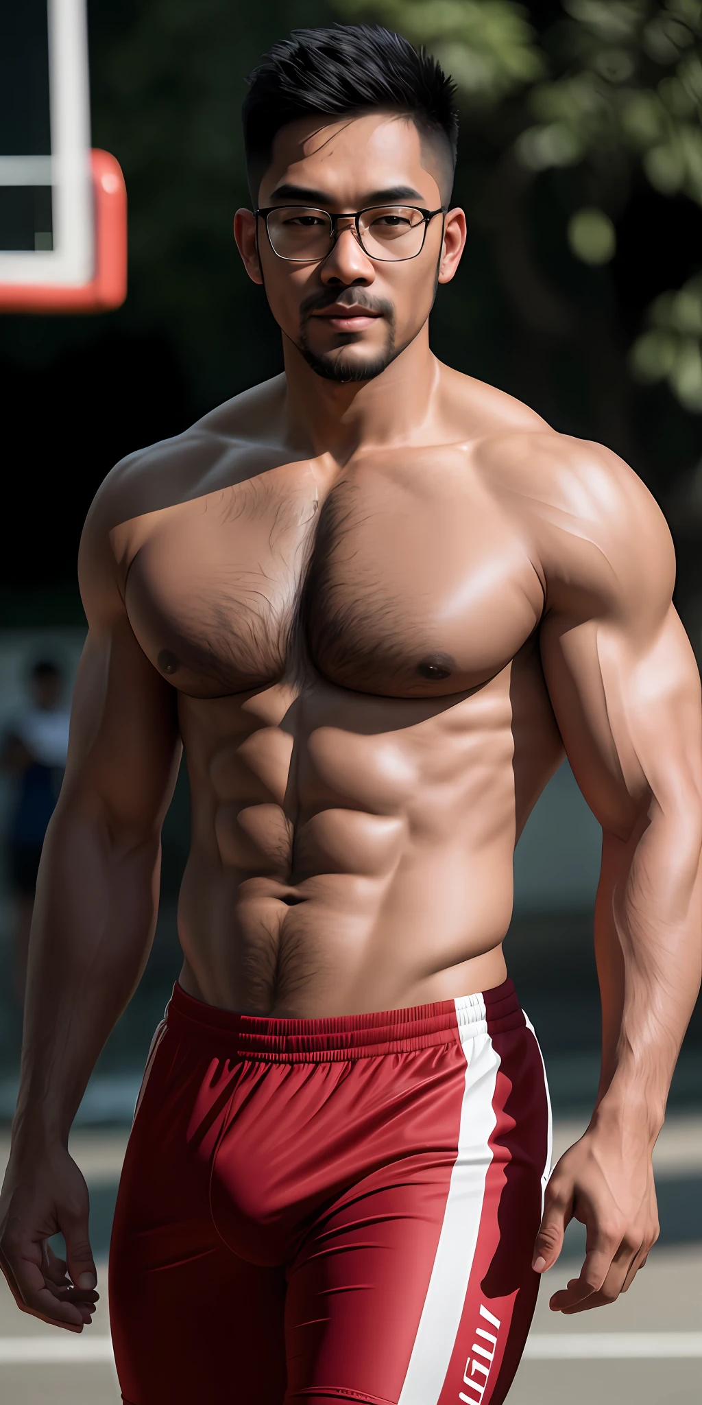 beautiful adult Indonesian college guy, hairy chest, pubic hair, wearing clear glasses, facial hair, buzz cut, in tight compression outfit, outside on basketball field, ((slim, muscular)), photorealistic, photo, masterpiece, realistic, realism, photorealism, high contrast, photorealistic digital art trending on Artstation 8k HD high definition detailed realistic, detailed, skin texture, hyper detailed, realistic skin texture, armature, best quality, ultra high res, (photorealistic:1.4),, high resolution, detailed, raw photo, sharp re, by lee jeffries nikon d850 film stock photograph 4 kodak portra 400 camera f1.6 lens rich colors hyper realistic lifelike texture dramatic lighting unrealengine trending on artstation cinestill 800,