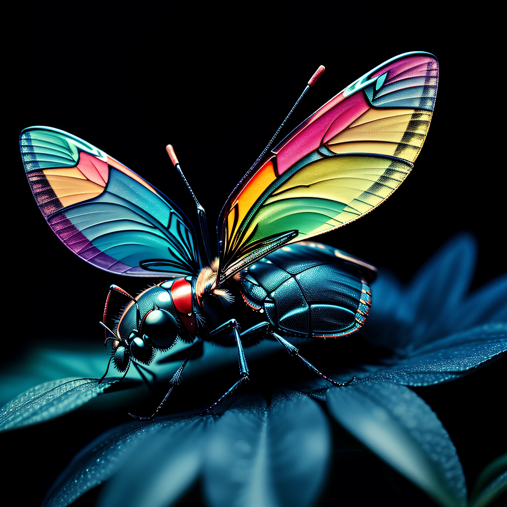 A large, colorful insect,
yang08k, photography, beautiful, black background,
masterpieces, top quality, best quality, official art, beautiful and aesthetic, realistic,