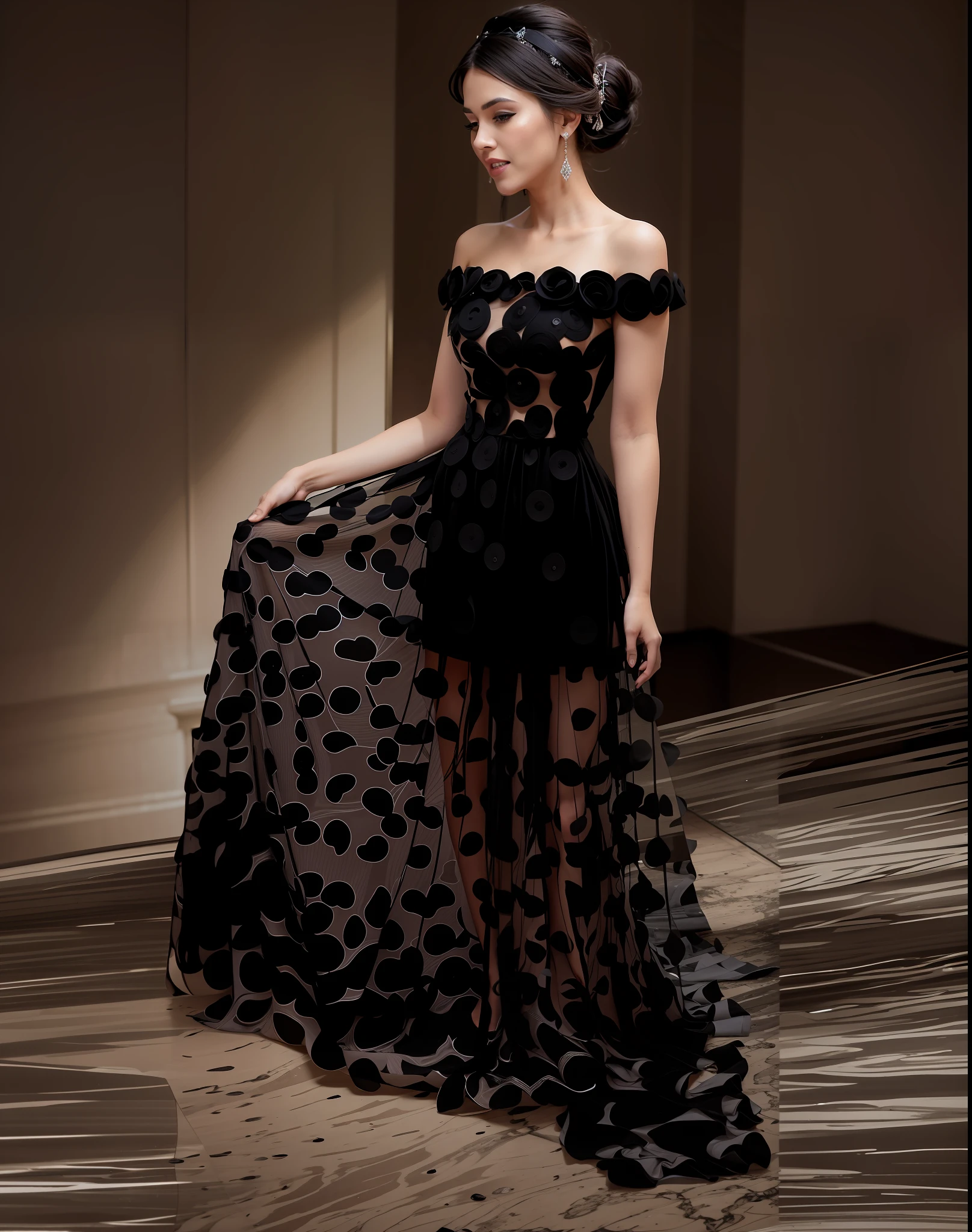 araffe woman in a black and white dress standing in a room, emaciated black evening gown, black gown, flowing black gown, dark black long dress, stunning, full length view, long luxurious intricate gown, extravagant dress, black haute couture, elegant dress, stunning dress, full - length photo, gorgeous, intricate dress, full - length view