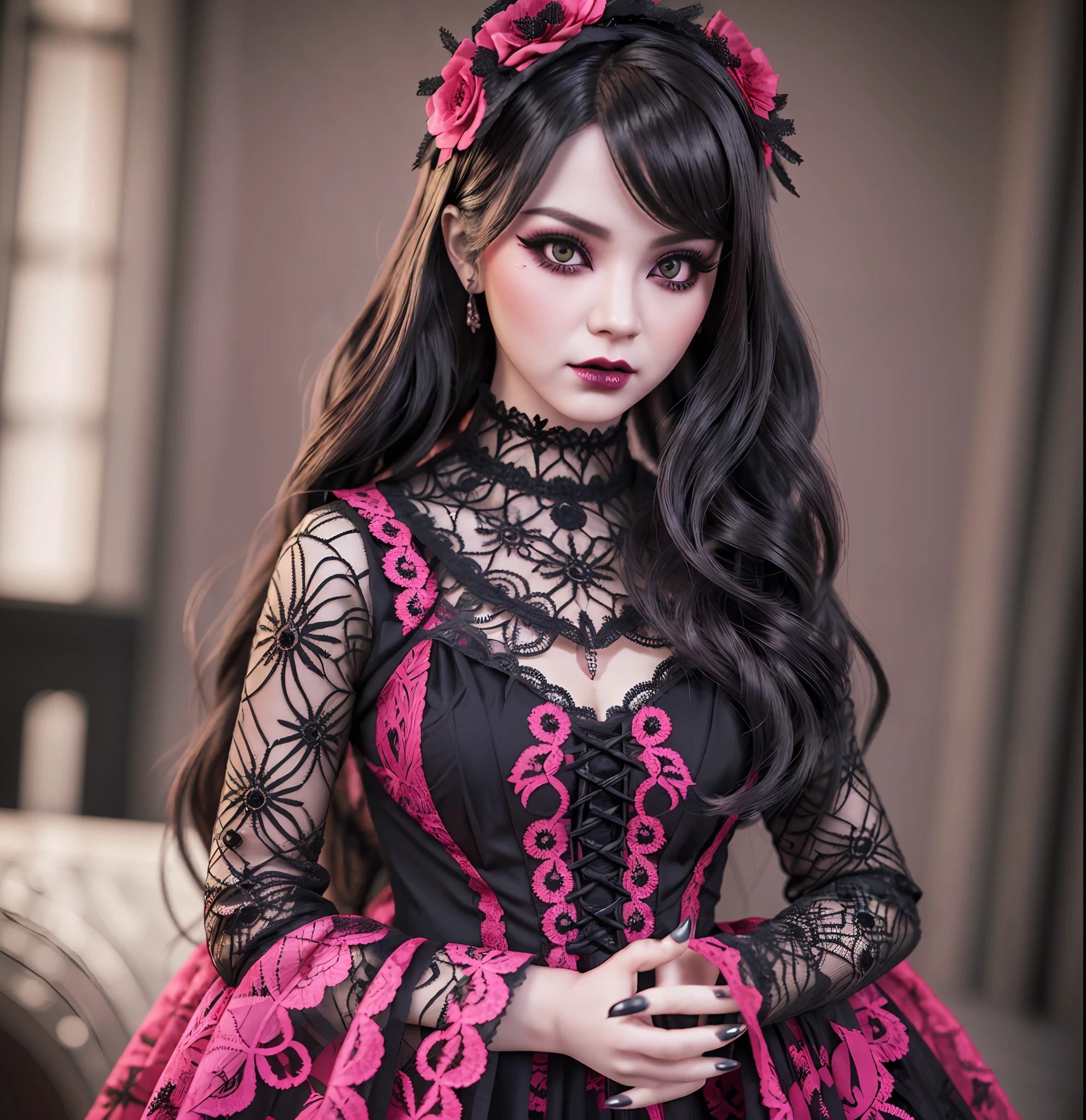 Diabolical doll with dark face. Make-up Eyes, ( makeup:1.2), Dressed in a pink lace dress.  Photorealistic style. 8K, Dabolic Vampire Style, Photorealistic:2.0 --auto --s2