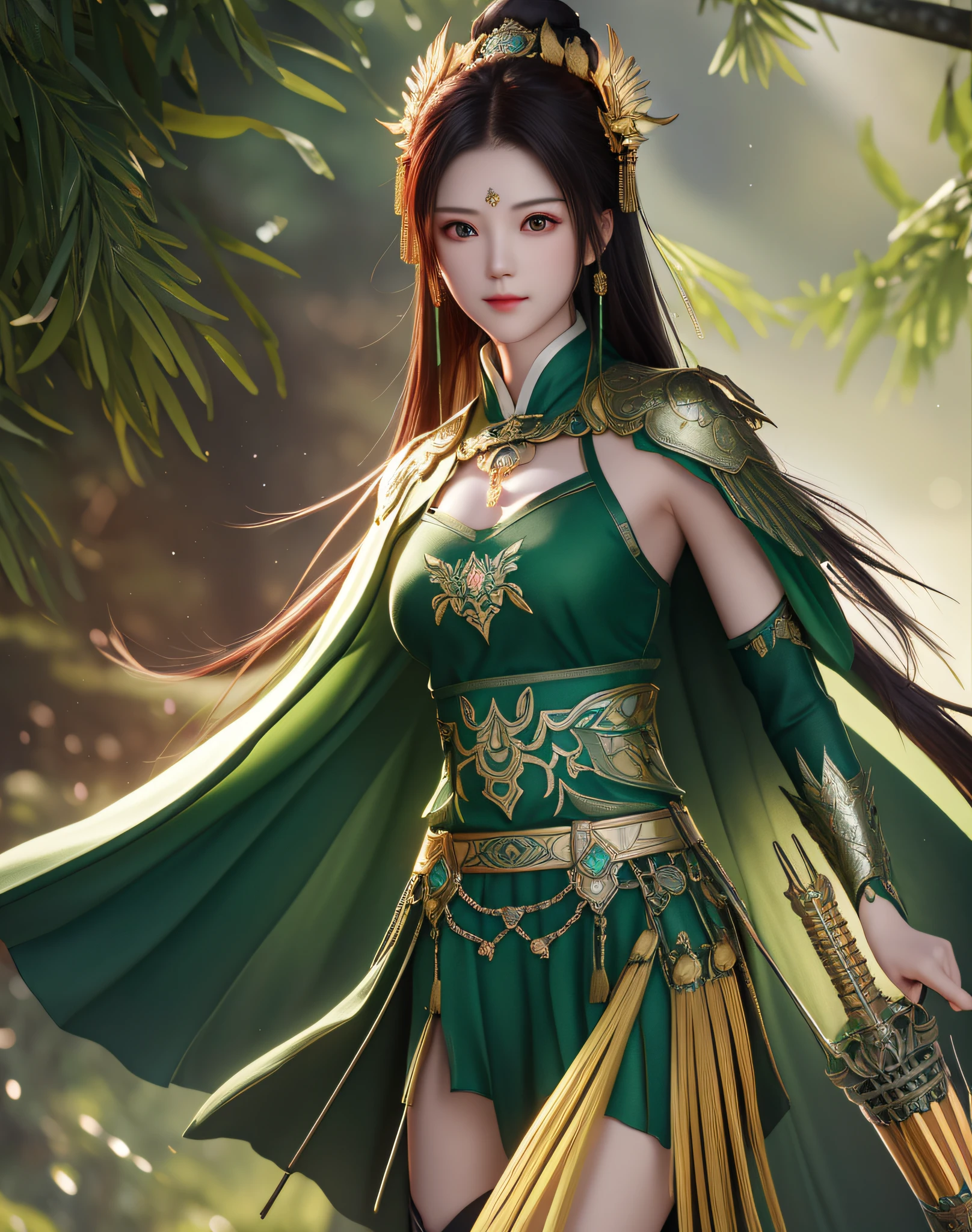best quality, masterpiece, high resolution, 1girl, ancient chinese battlefield background, metal armor, cape, metal collar, ancient spear, hair ornament, necklace, jewelry, beautiful face, upon_body, tyndall effect, realistic, dark studio, edge lighting, duotone lighting, (high detail skin:1.2), 8k ultra hd, DSLR, soft lighting, high quality, volumetric lighting, frank, photos, high resolution, 4k, 8k, bokeh, emerald green bikini armor, Ancient metal spear, chest embroidered phoenix, metal cuirass, tight, bare arms, weapons, short bracers, stockings, weapons