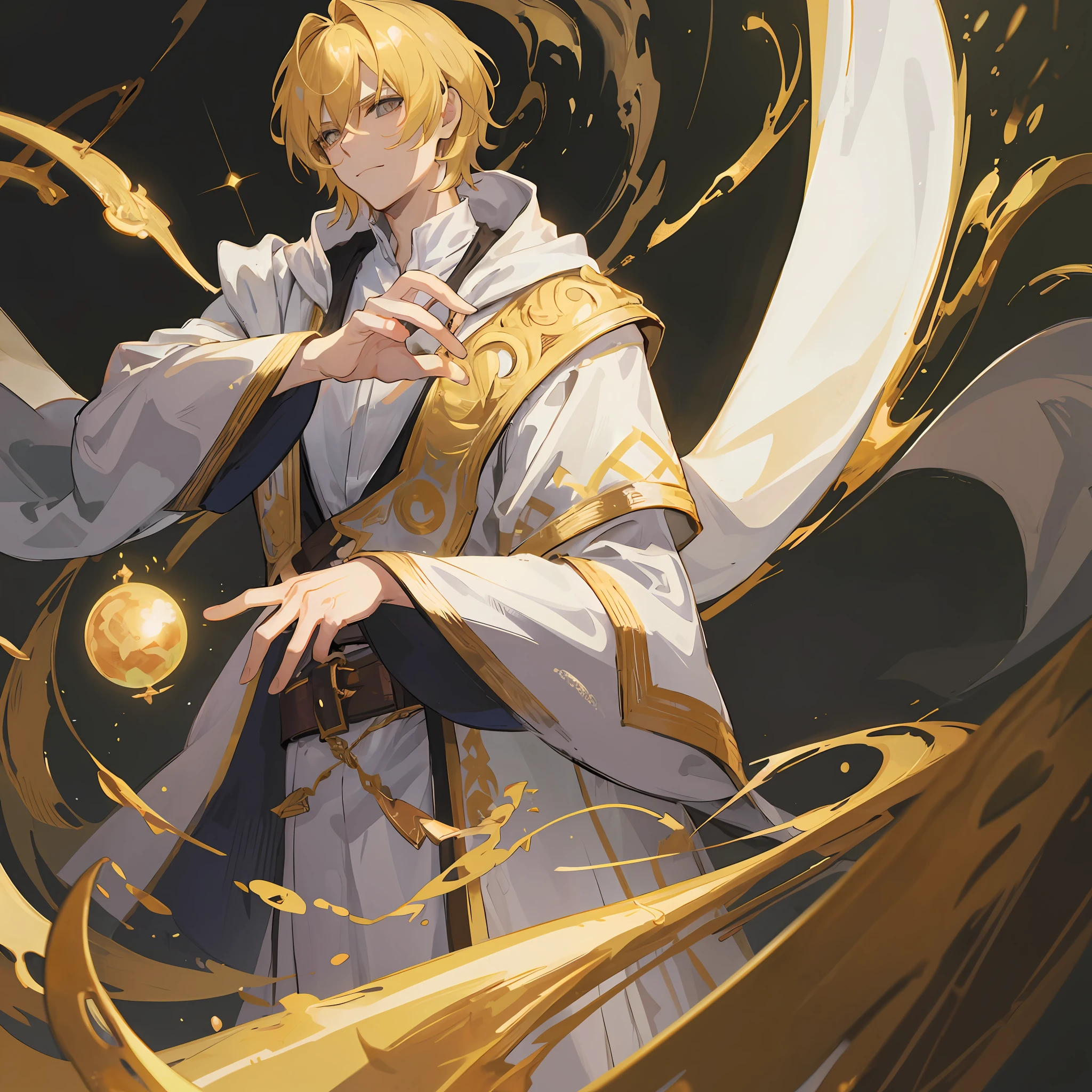 A handsome man, wearing a white robe lined with gold, he is alchemist, golden short hair