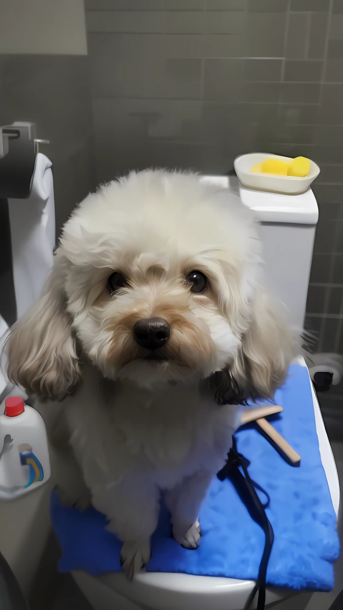 araffe sitting on a toilet seat in a bathroom with a blue towel, 2 years old, fluffy face, bulli, full head and shoulders, cute furry needs your help, cute dog, with small nose, beautiful dog head, poofy, bella, full head, an afghan male type, sha xi, dog head, small white dog at her side