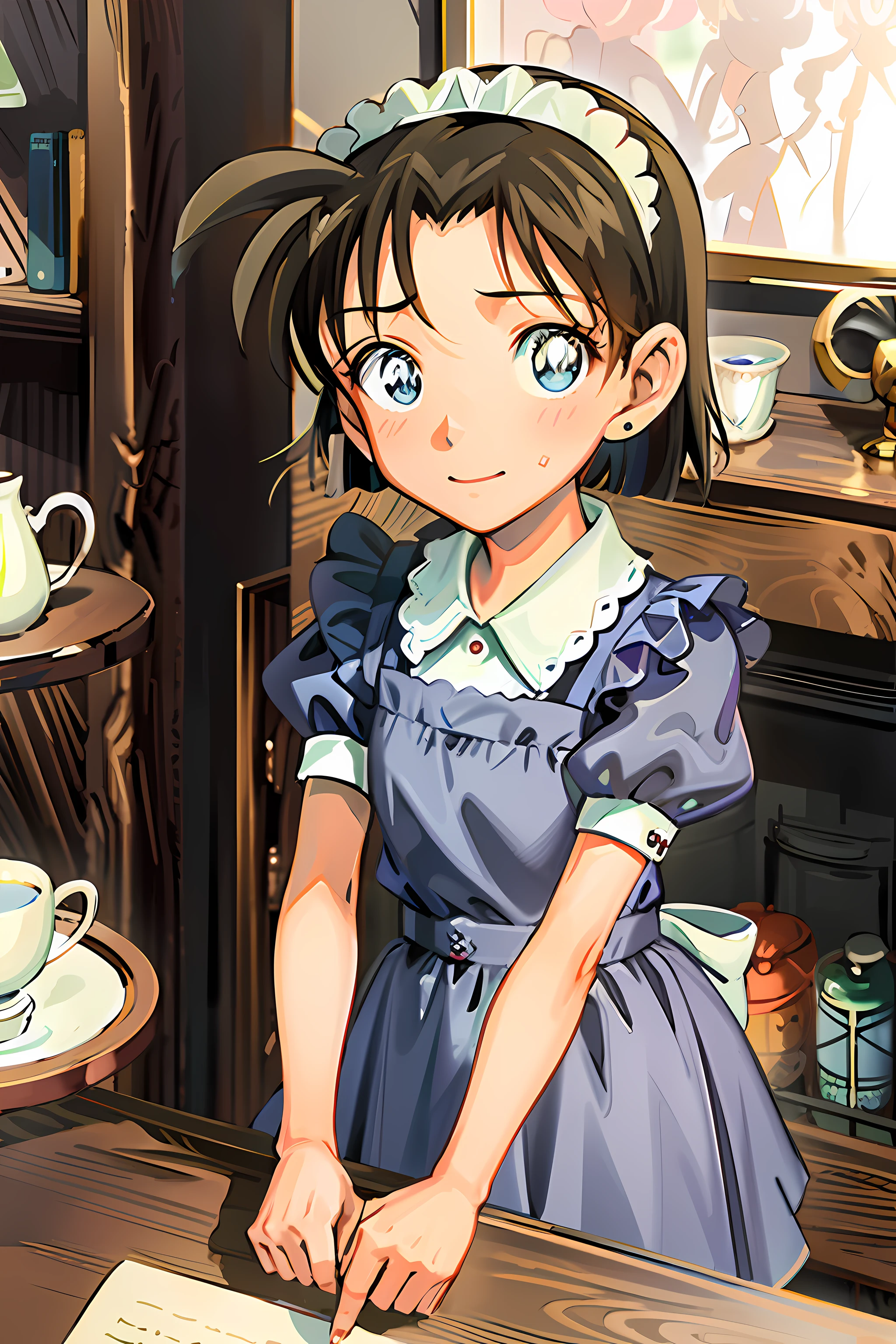 (masterpiece), (very high definition), (very high quality), (very detailed), (high definition), 1 girl, ayumi_yoshida, blue eyes, hair band, bangs, short hair, brown hair, maid, depth of field, cowboy shot, smile, black maid outfit, maid apron, girl taking orders