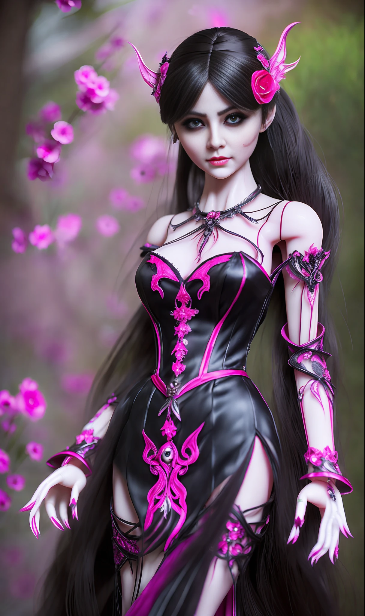 Diabolical doll with dark face. Make-up Eyes, ( makeup:1.2), Dressed in a pink lace dress. Photorealistic style. 8k, dabolic vampire style, photorealistic:2.0, Thirsty with blood on her fangs --auto --s2