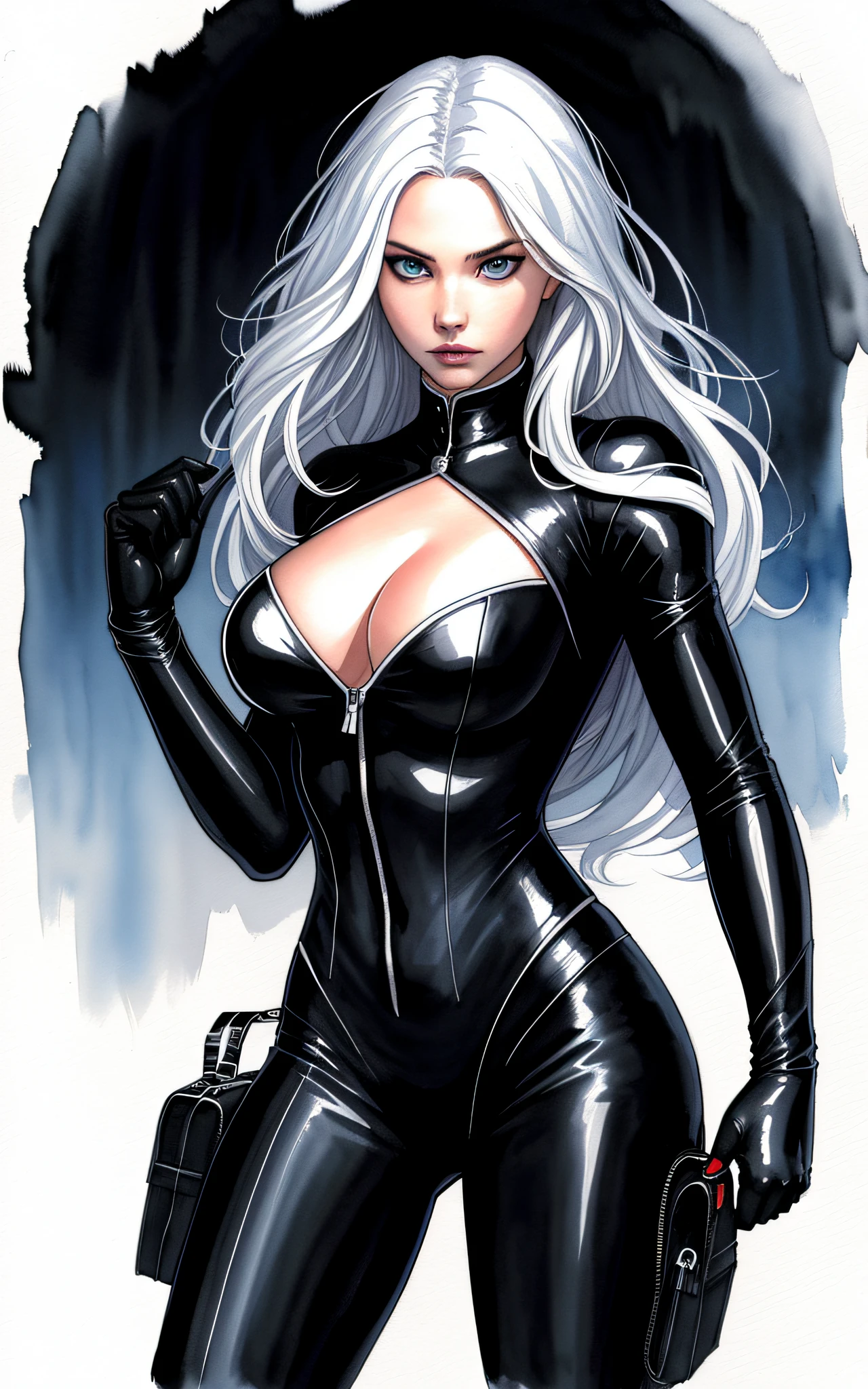 girl,black cat, felicia hardy, (traditional_media, illustration: 1.5), (realistic: 0.9), big, breasts, (white hair, detailed_eyes), fighting_pose, (masterpiece, detailed, highres, cinematic, atmospheric: 1.4), (hotify: 0.7), good highlights, good shading, high quality, masterpiece, painter, watercolor: 0.3,