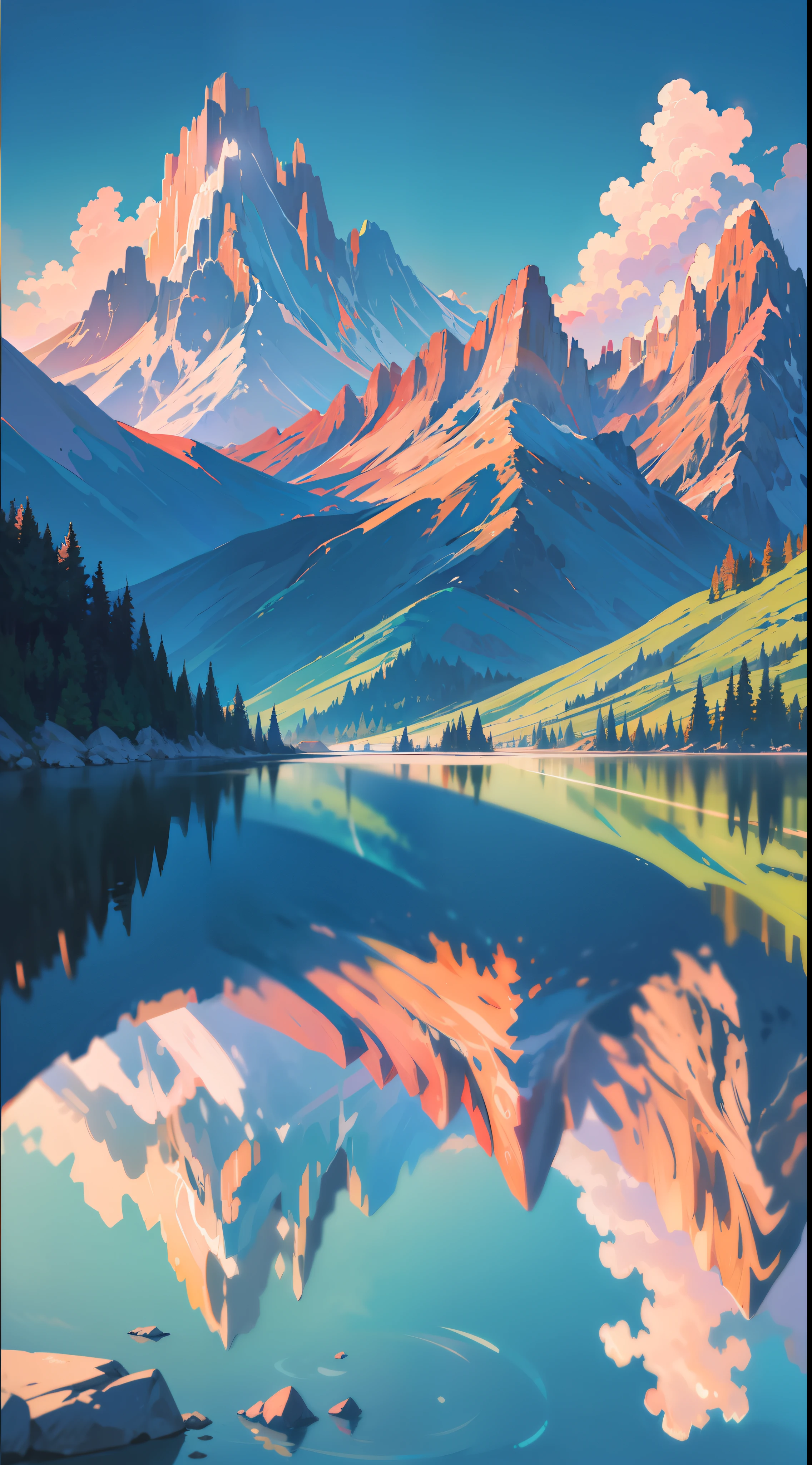 (extremely detailed,best quality,vibrant colors,dynamic positioning,reflection of light,wide perspective,summery vibes,mountainous scenery)