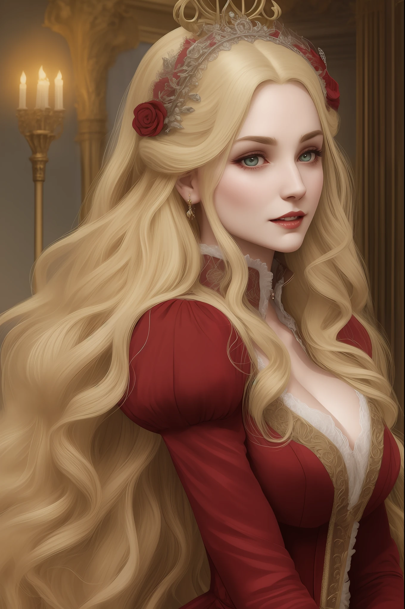 beautiful vampire woman with( big fangs: 1.5). Big breasts. Long blond hair. Dressed in dress of the French royalty of the eighteenth century. Hyper-detailed, very intricate, 8k. Photorealistic --auto --s2