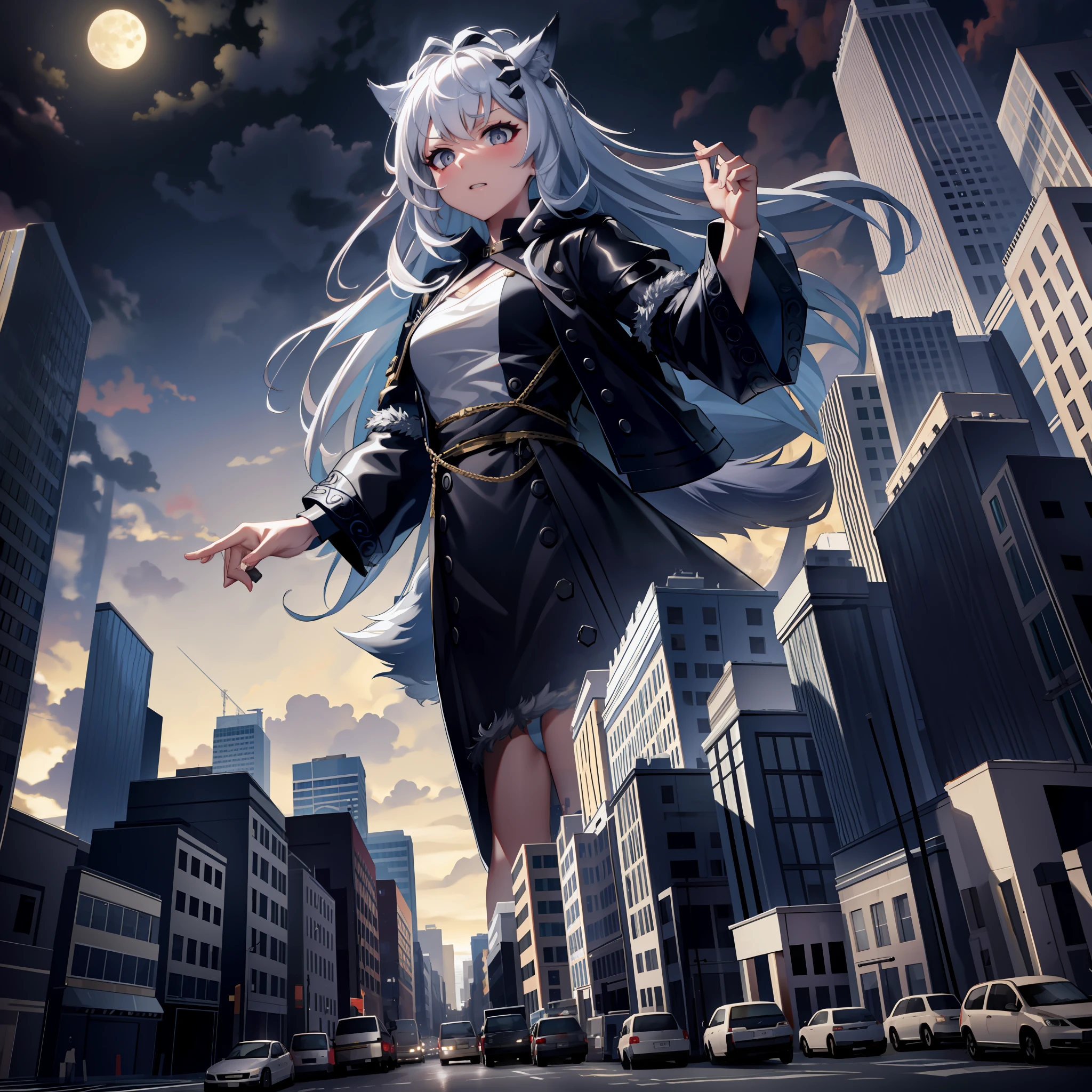 looking up , ,(masterpiece:1.1),[Enchanting, Ruined City, Night, On Top of a Crumbled Skyscraper, High Angle, Leaping with Grace, Slender, Monster, Dark Red Skin, Small Breasts, Long White Hair, Tattered Dress, Sultry Stare, Illuminated by the Moon.], , , ,[cga colored lighting, raytracing, HDR], 2girls, size difference, gtsgiga, looming, stepping, grey eyes, white hair, long hair, small breasts, wolf_ears, wolf_tail, body_fur, lappland, Looming, Rampage, debris, looking at viewer, wolf tail