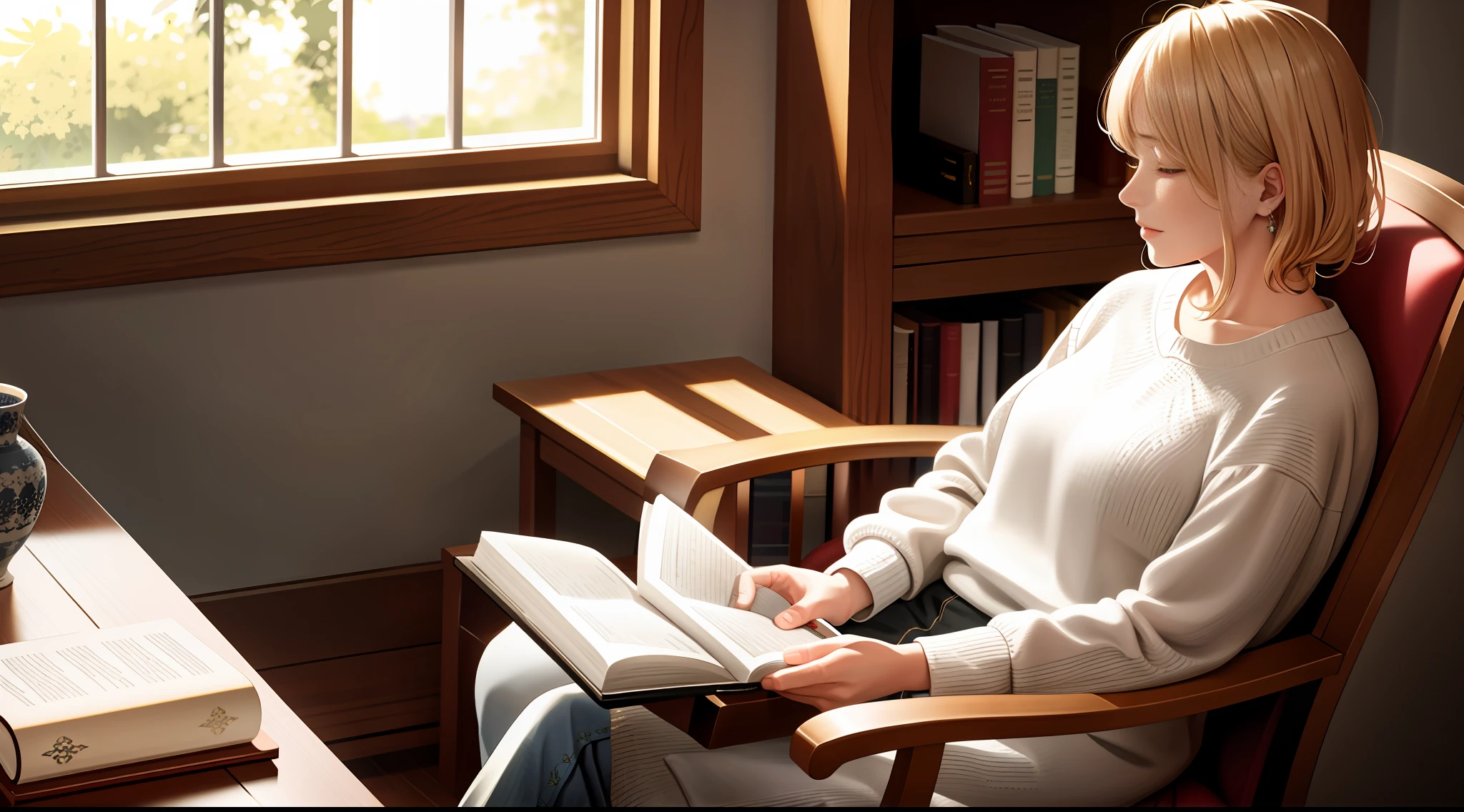 beautiful house, middle-aged woman sitting in comfortable armchair, reading bible, warm room, bright