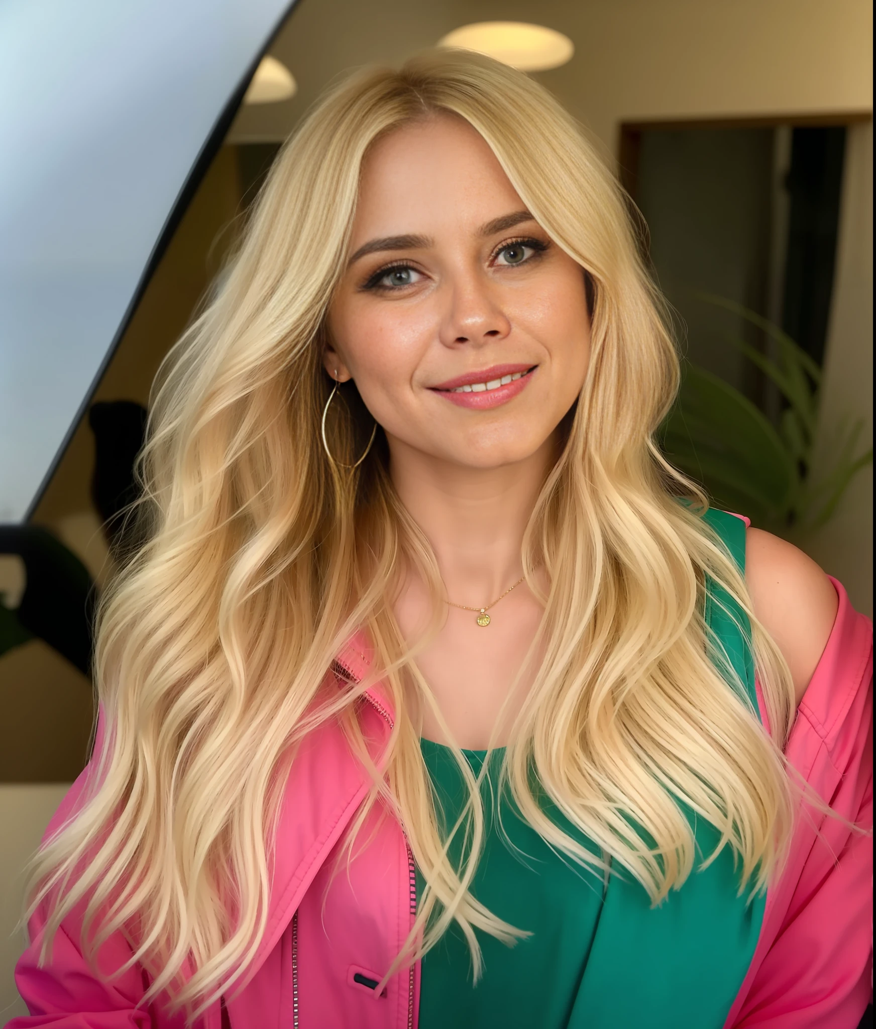 A closeup of singer Marília Mendonça with long blonde hair and a pink jacket, kailee mandel, long blonde hair and big eyes, by Olivia Peguero, blonde hair and big eyes, inspired by Gina Pellón, long wavy blonde hair, lorena avarez, marischa becker, leaked image, caroline gariba