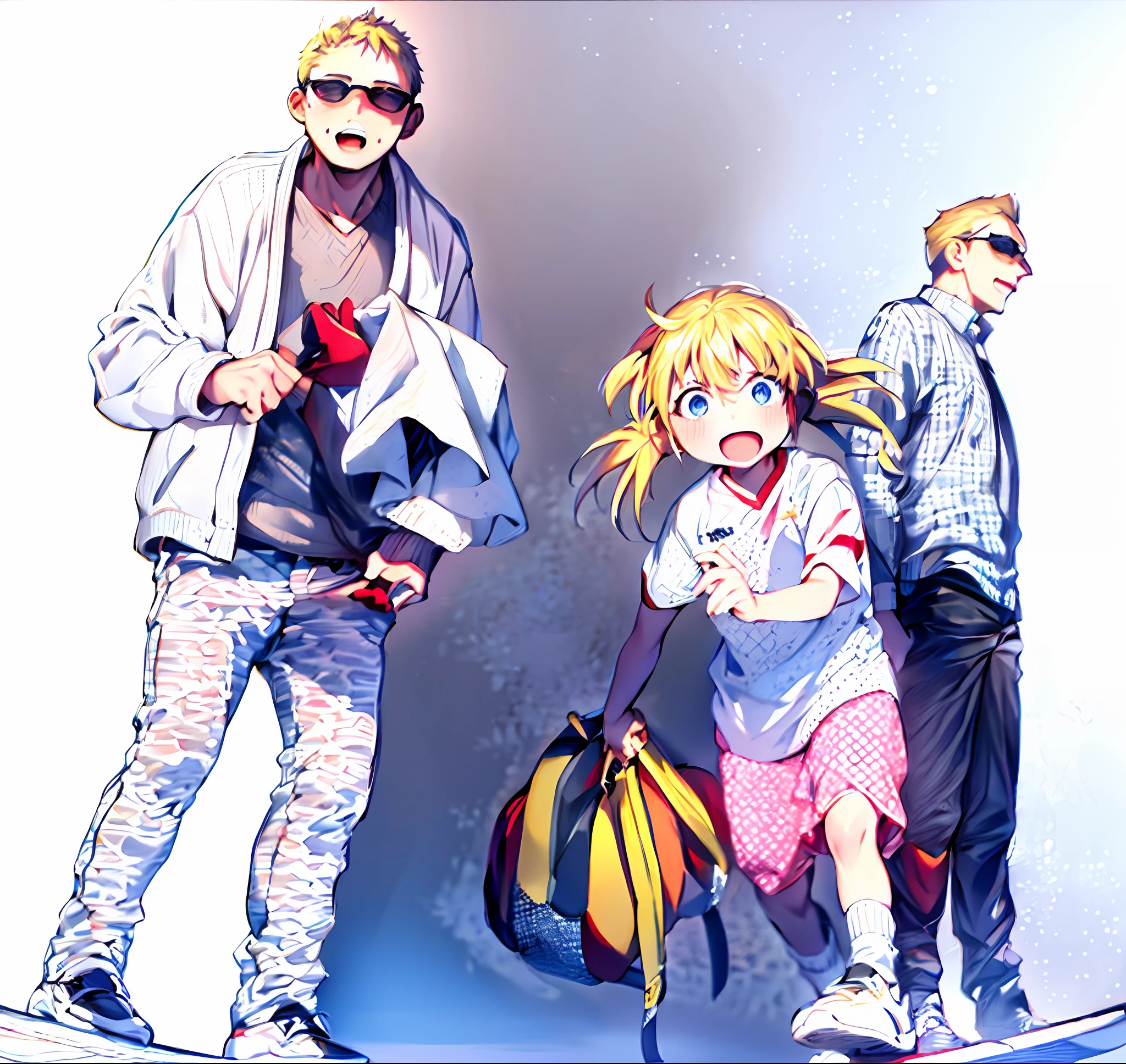 (whitout background), (white background), (simple background), color manga, blonde girl, a man and a woman on a skateboard, UHD, masterpiece, super detail, best quality, high quality, highres, high details