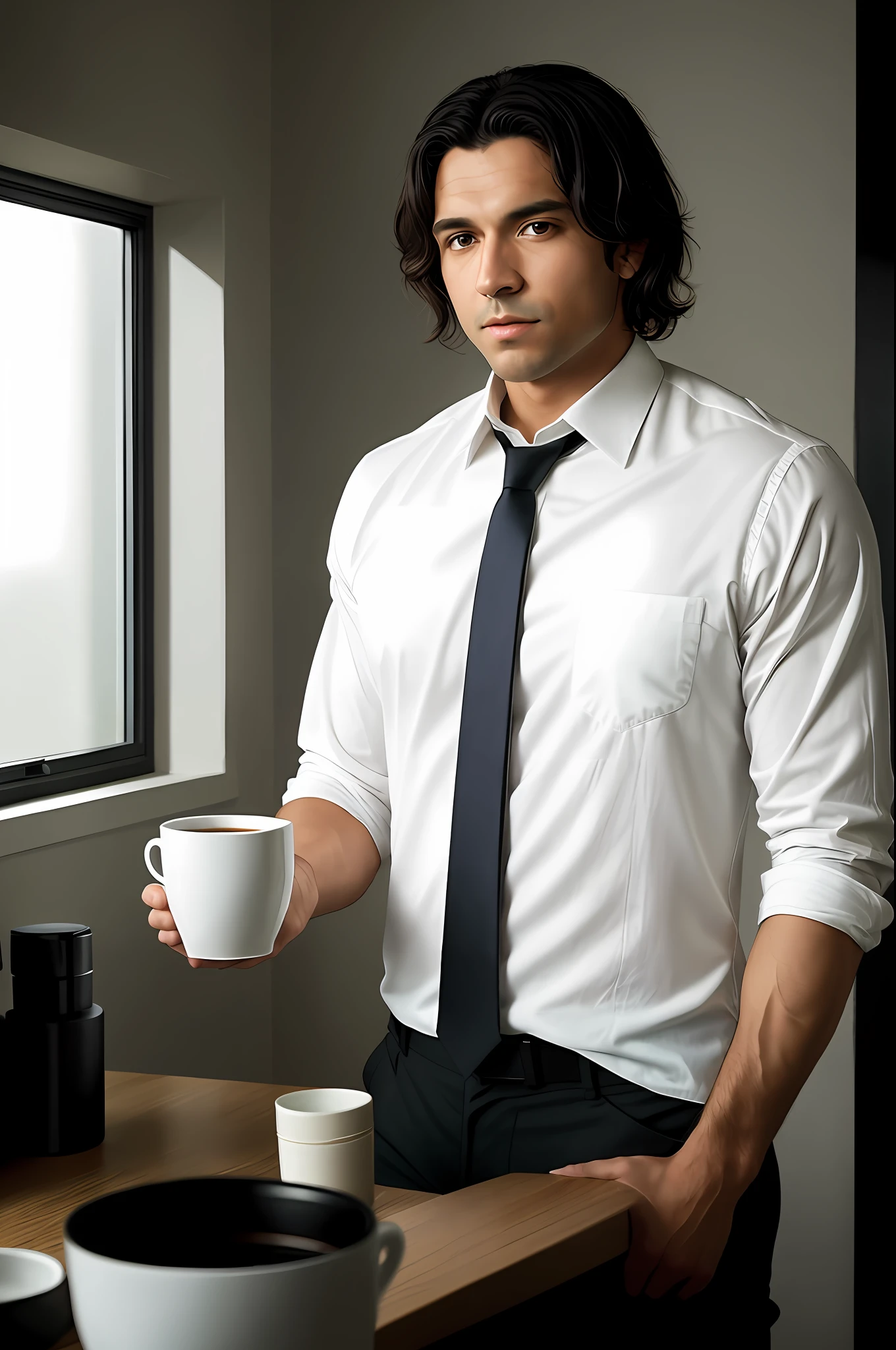 1man, a 30-year-old muscular man, wearing a long-sleeved white shirt and tie, drinking coffee, frontal shots, soft lighting, masterpieces, the best quality, 8k Ultra HD, DSLR cameras, film grain, Midjourney and greg rutkowski's Fujifilm XT3 realistic painting art