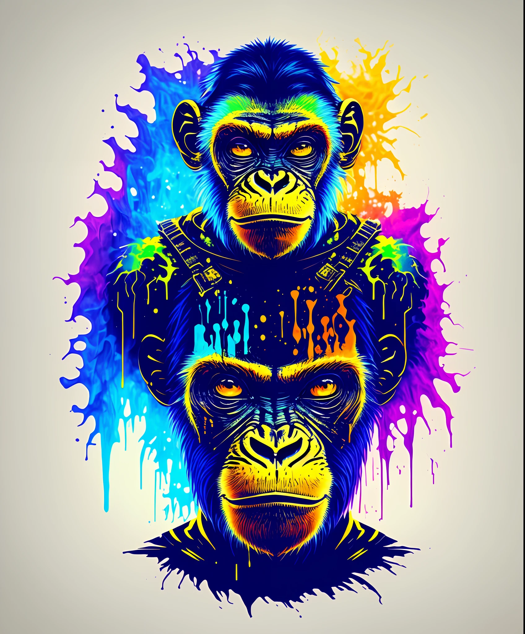 (a portrait of Cyberpunk Monkey with colored fluid), T-shirt logo in tapered thin outline style, spell view, artwork in (empty background:1.4)