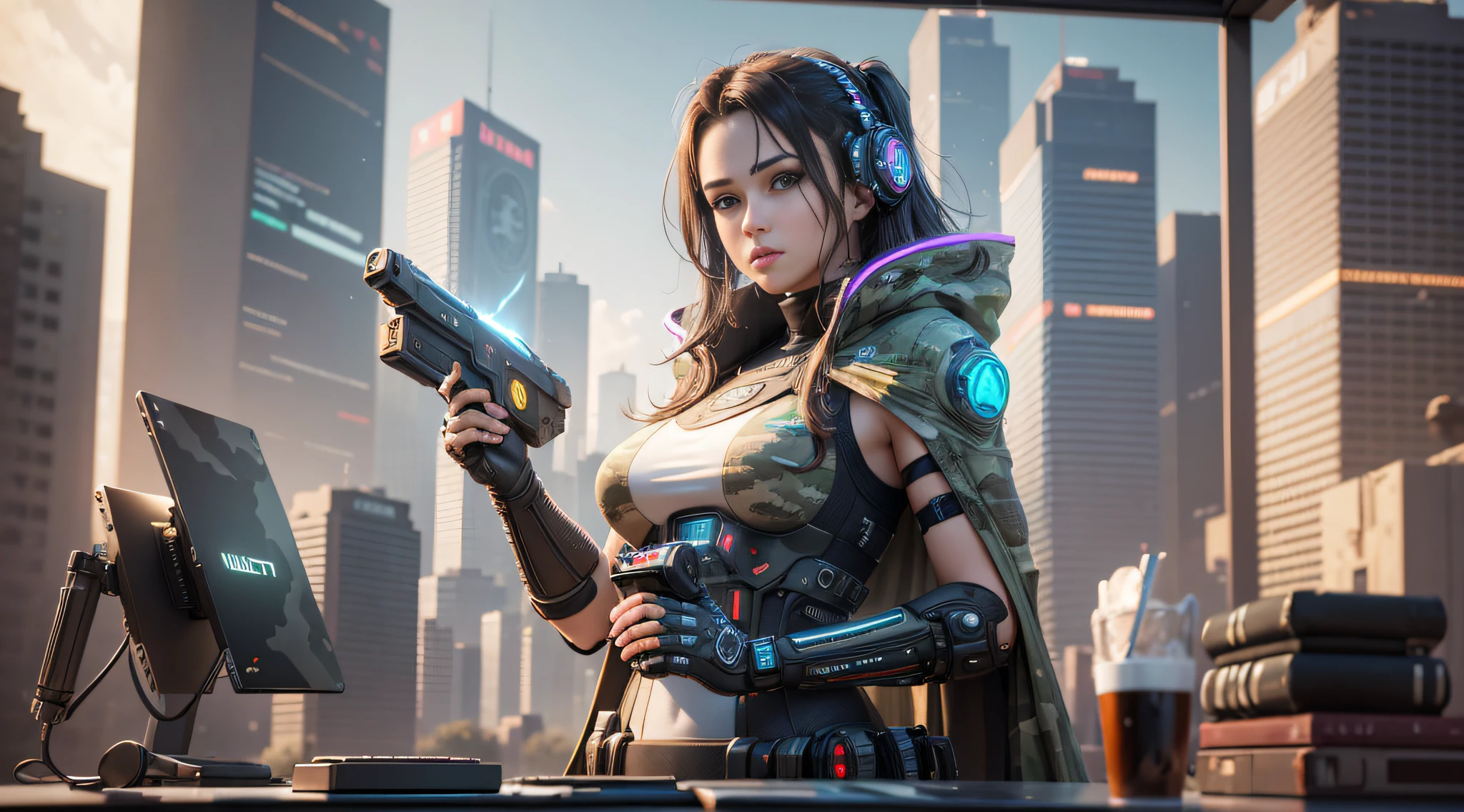 ((Best quality)), ((masterpiece)), (highly detailed:1.3), 3D, beautiful (cyberpunk:1.2) special forces, robort,female with thick voluminous hair wearing (wearing camouflage_uniform:1.1), body armour,cape,digital (camouflage:1.3),HDR (High Dynamic Range),Ray Tracing,NVIDIA RTX,Super-Resolution,Unreal 5,Subsurface scattering,PBR Texturing,Post-processing,Anisotropic Filtering,Depth-of-field,Maximum clarity and sharpness,Multi-layered textures,Albedo and Specular maps,Surface shading,Accurate simulation of light-material interaction,Perfect proportions,Octane Render,Two-tone lighting,Wide aperture,Low ISO,White balance,Rule of thirds,8K RAW,Efficient Sub-Pixel,sub-pixel convolution,