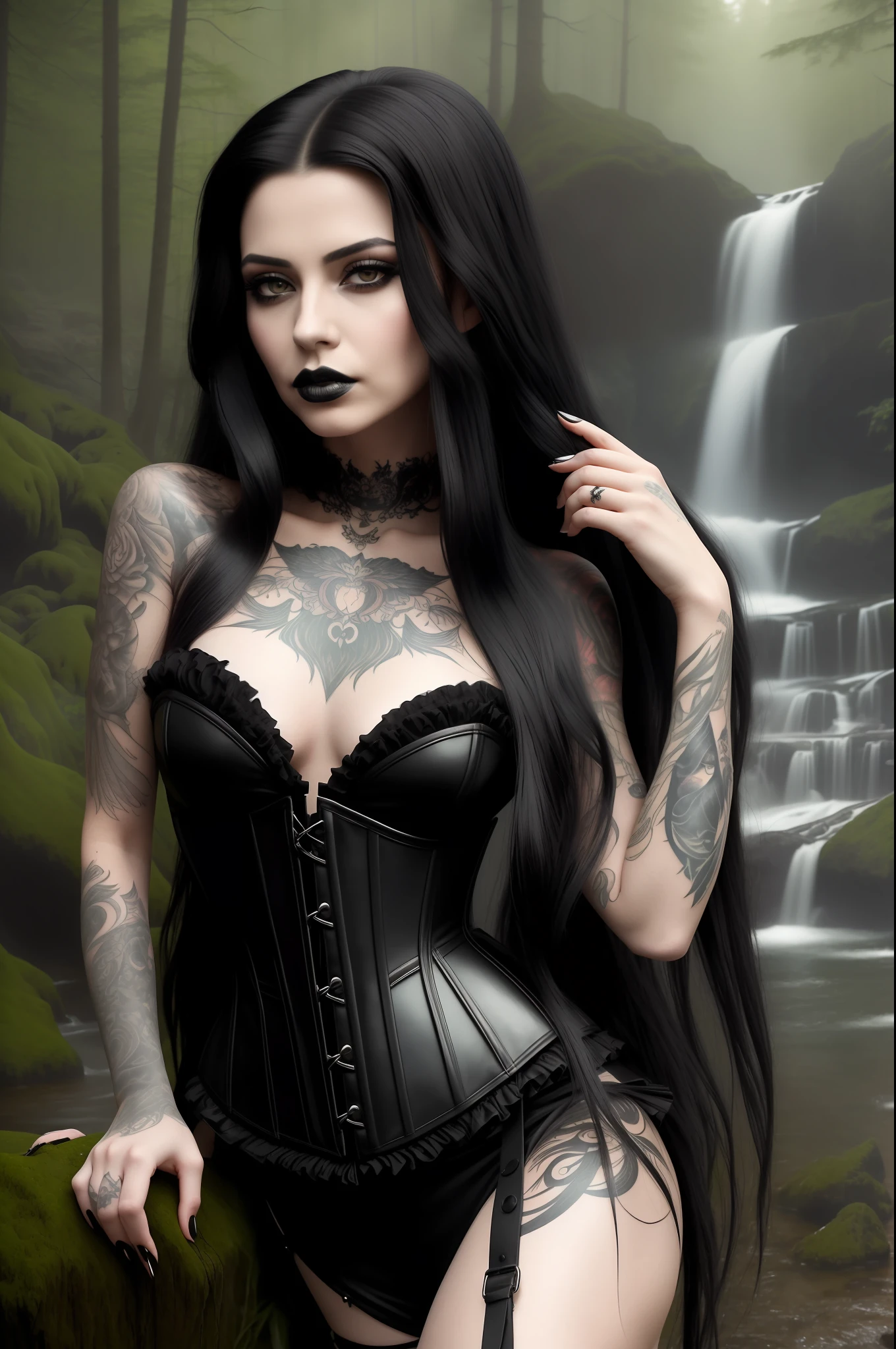 masterpiece, best quality, {30 year old female}, long black hair, expressionless, windswept hair, black leather corset, black lipstick, detailed eyes, forest background, waterfall {eroticism 1.5}, arm tattoos.