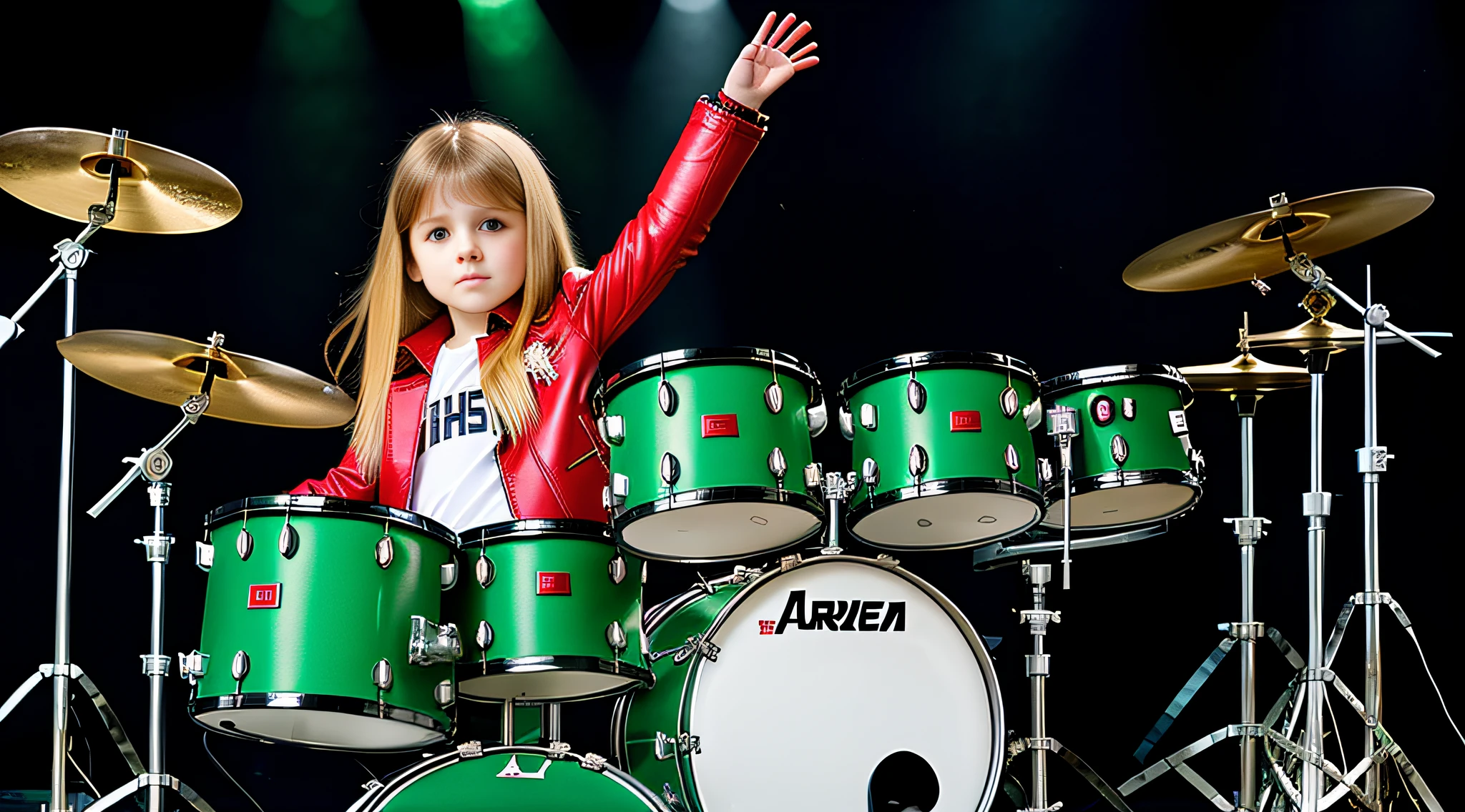 girlThe Russian child with 15 years of age WITH RED LEATHER JACKET, WITH LONG DARK STRAIGHT HAIR blonde, PORTRAIT STYLE, , Arafed drummer with beard and black shirt in front of a drum kit, GREEN BACKGROUND LIGHTS.