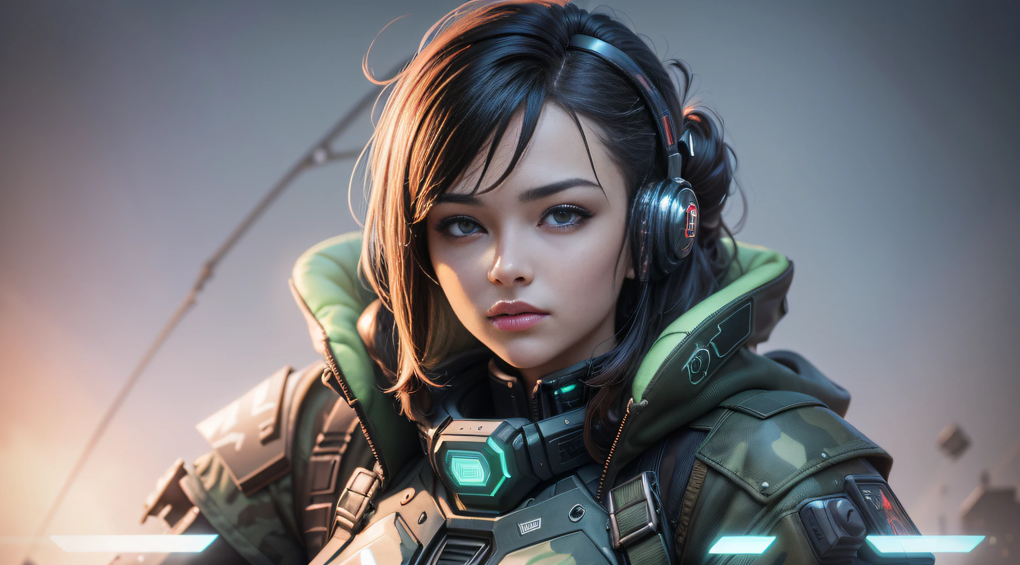 ((Best quality)), ((masterpiece)), (highly detailed:1.3), 3D, beautiful (cyberpunk:1.2) special forces, robort,female with thick voluminous hair wearing (wearing camouflage_uniform:1.1), body armour,cape,digital (camouflage:1.3),HDR (High Dynamic Range),Ray Tracing,NVIDIA RTX,Super-Resolution,Unreal 5,Subsurface scattering,PBR Texturing,Post-processing,Anisotropic Filtering,Depth-of-field,Maximum clarity and sharpness,Multi-layered textures,Albedo and Specular maps,Surface shading,Accurate simulation of light-material interaction,Perfect proportions,Octane Render,Two-tone lighting,Wide aperture,Low ISO,White balance,Rule of thirds,8K RAW,Efficient Sub-Pixel,sub-pixel convolution,