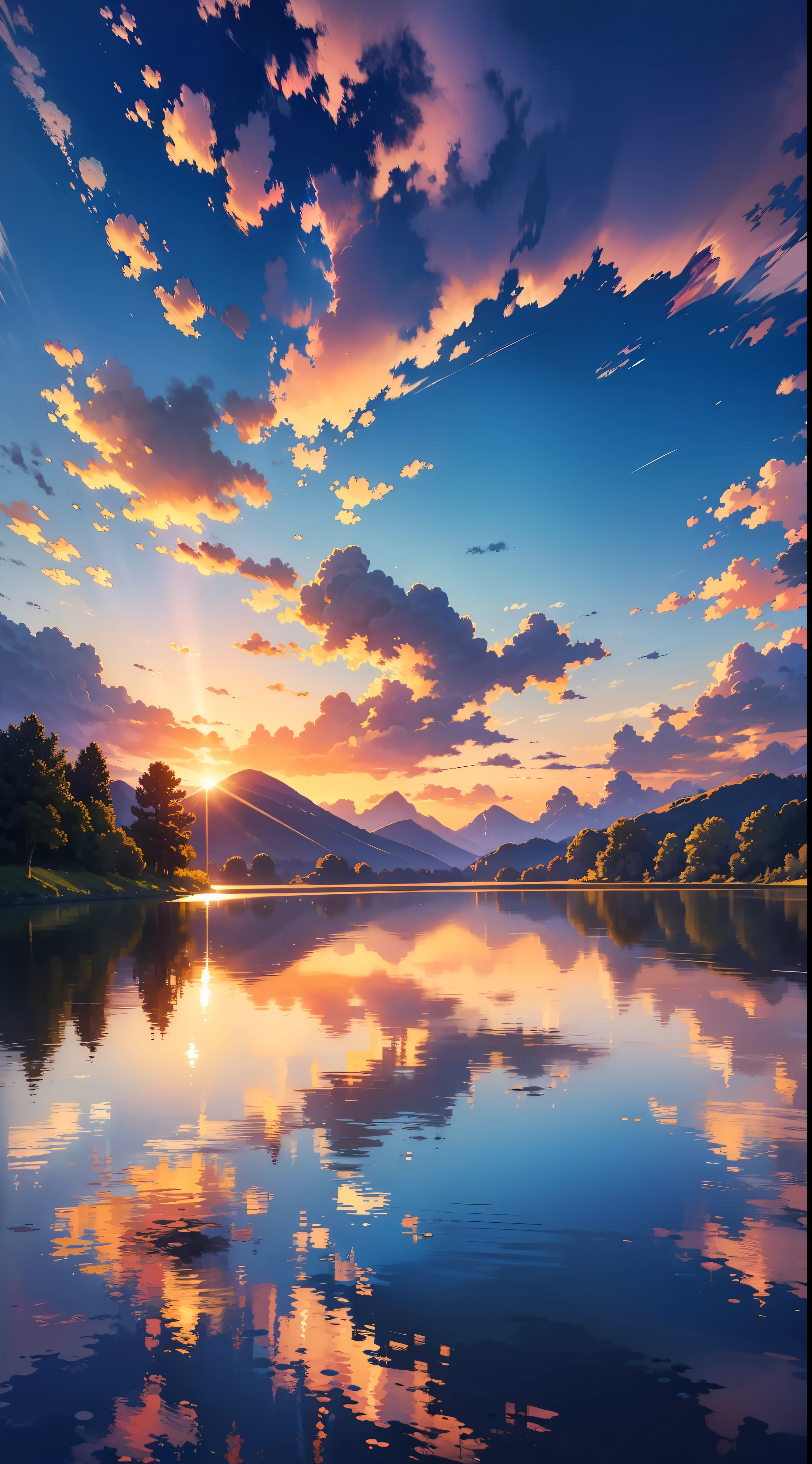 (maximum quality image, masterpiece), detailed landscape, tranquil lake (reflecting the vibrant sky at dusk),nuances of colors, quiet.