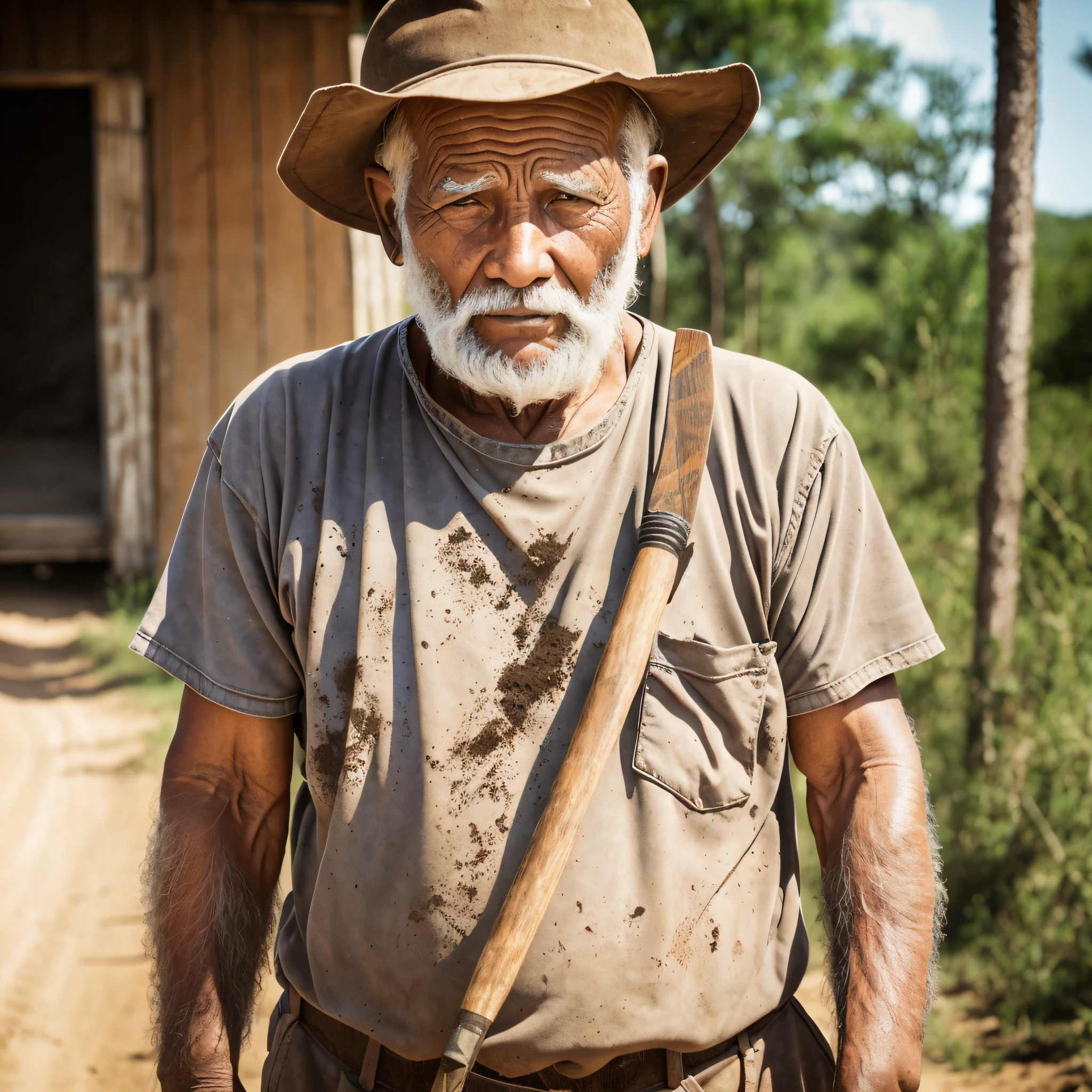 Old man, African orignem, wrinkled and sunburned face, heavy work clothes, whole body, dirt road, work tool in hand --auto --s2