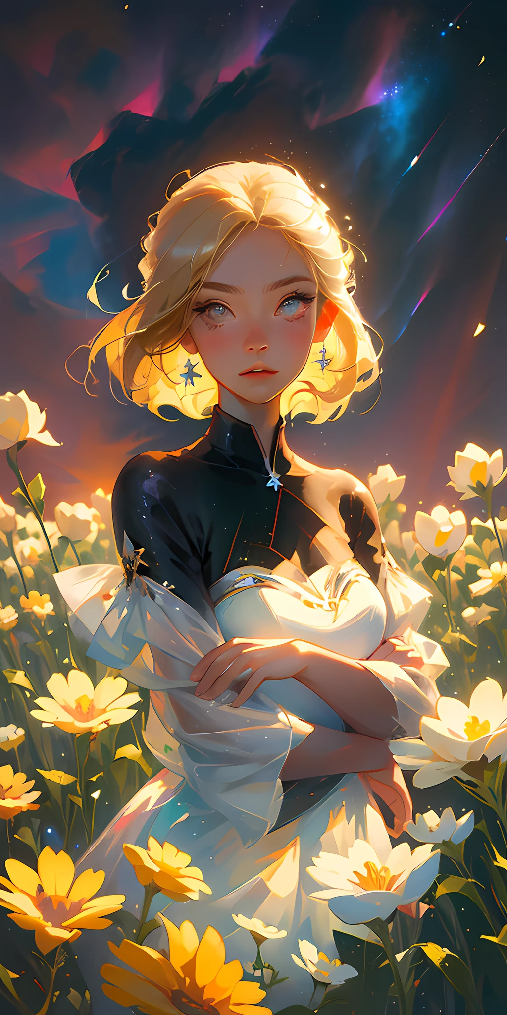 (best quality, masterpiece), 1girl, pose, particle, wind, flower, upper body, simple background, looking at viewer, blonde, galaxy,